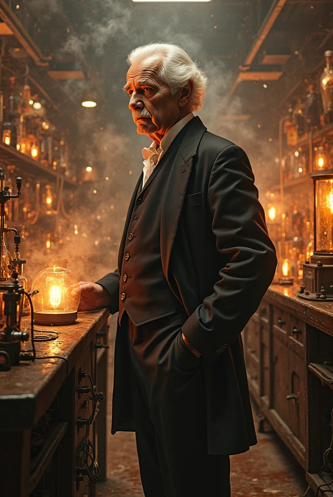 dark and empty bar, no light, rain on the window. gloomy old bartender standing with a dirty, empty glass in his hands