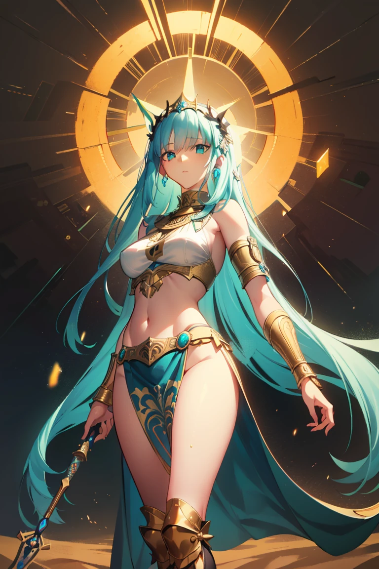 (Masterpiece, best quality, official art, 8K), ultra-detailed, a cartoon image of a golden-skinned female Djinn with blue hair and a chain around her neck, Human Hybrid Djinn, ((((golden skin)))), skin genie girl golden, alone, Krenz Cushart and Artgerm, aesthetics!!!!!! female genius, she is huge, beautiful girl genius, artgerm comics, colorful artgerm!!!, artgerm style, in the artgerm style, artgerm style, Asian Water Elemental Woman, Goddess Inanna, The Greek goddess Afrotita, aesthetic!!!!!! (1 Female Genie Djinn), (Big Breasts), Beautiful Genie, Evil Goddess, Djinn Character, Detailed Body, Cuffs with Hanging Chains, Colorful Concept Art, Spiritual Fantasy Concept Art, female genie, blue hair, golden skin, Djinn girl, (Golden Skin Elf-Djinn).