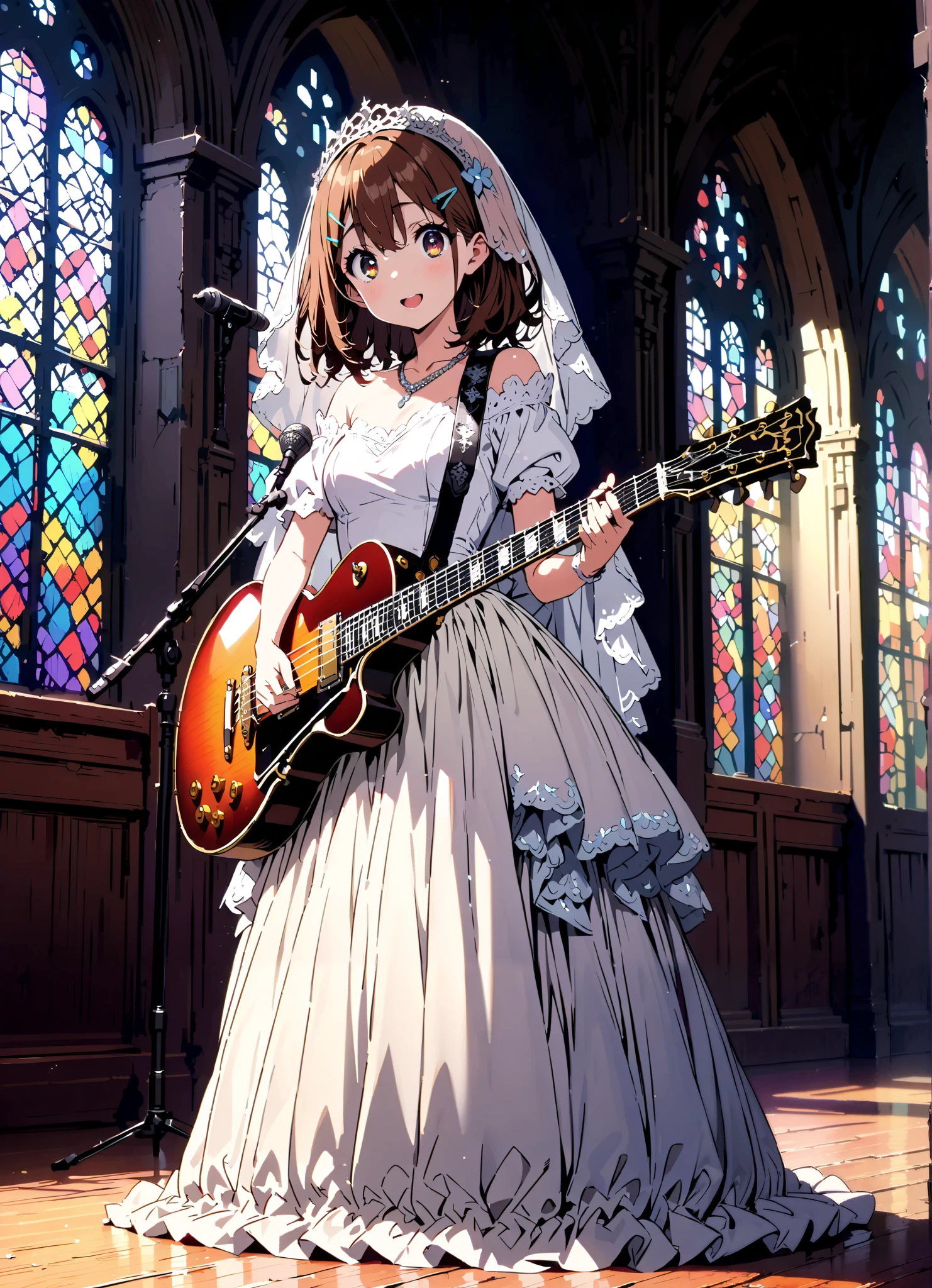 Plane, Plane, brown eyes, brown hair, hair ornament, hair clips, medium hair,Veil,necklace,Off Shoulder Wedding Dress,Short sleeve,guitar( Gibson Les Paul) , Instrument playing, Stage Performance ,Sing in front of the microphone, Play in front of the microphone,is standing,smile,cover,open your mouth wide,stained glass,full bodyがillustrationsに入るように,break indoors,Chapel,church,
break looking at viewer,full body,
break (masterpiece:1.2), Highest quality, high resolution, Unity 8k 壁紙, (illustrations:0.8), (beautiful detailed eyes:1.6), very detailed face, so that it fits into the illustration, extremely detailed CG,(perfect hand, perfect anatomy),