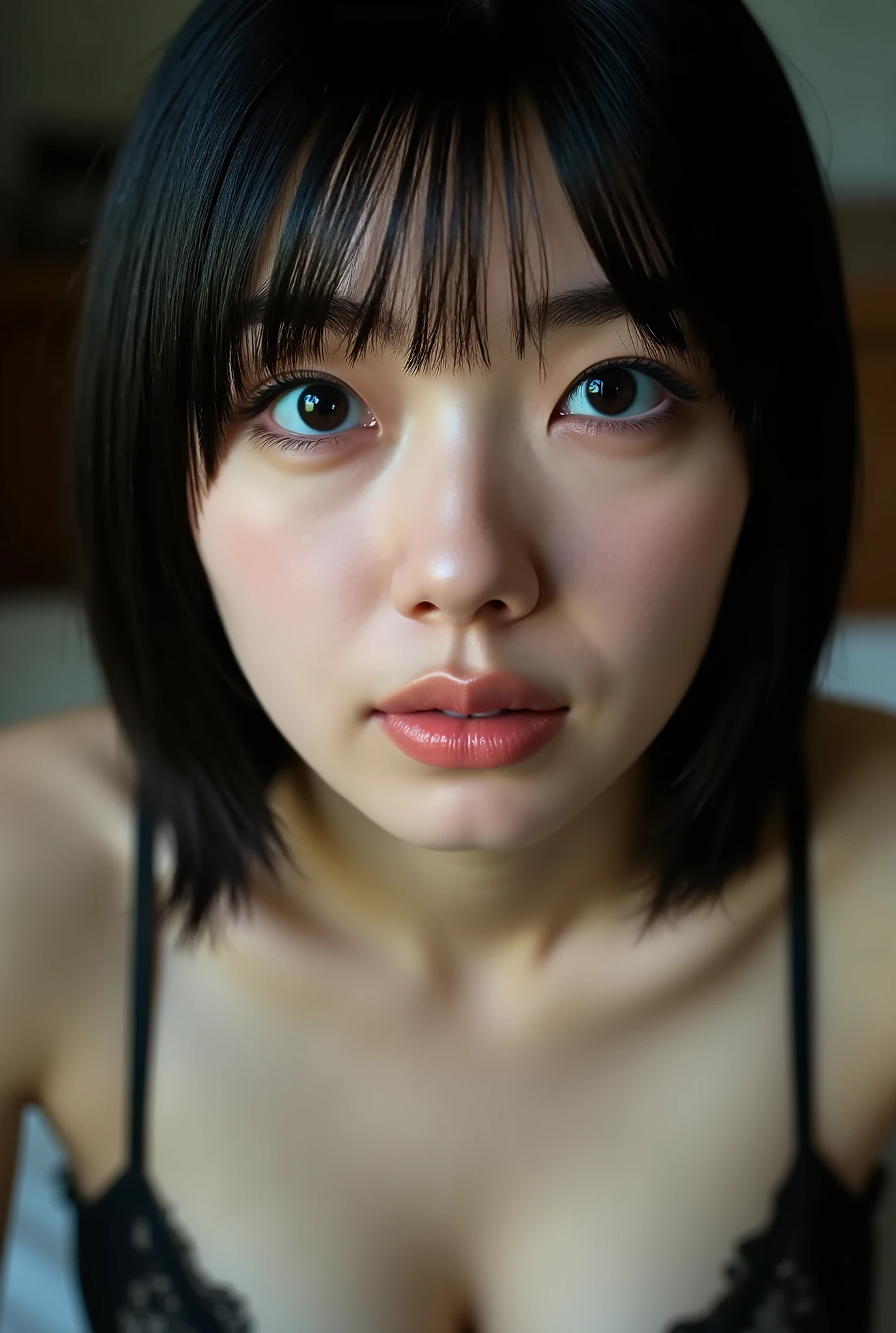 (( BEST QUALITY )), ((masterpiece)), ( details), first-person view ,1 Girl, sexy,( Bringing Your Face Closer ),((mouth wide open )),((Big Breasts, underwear, short bob hair)), black hair , (( without makeup, Small eyes))
