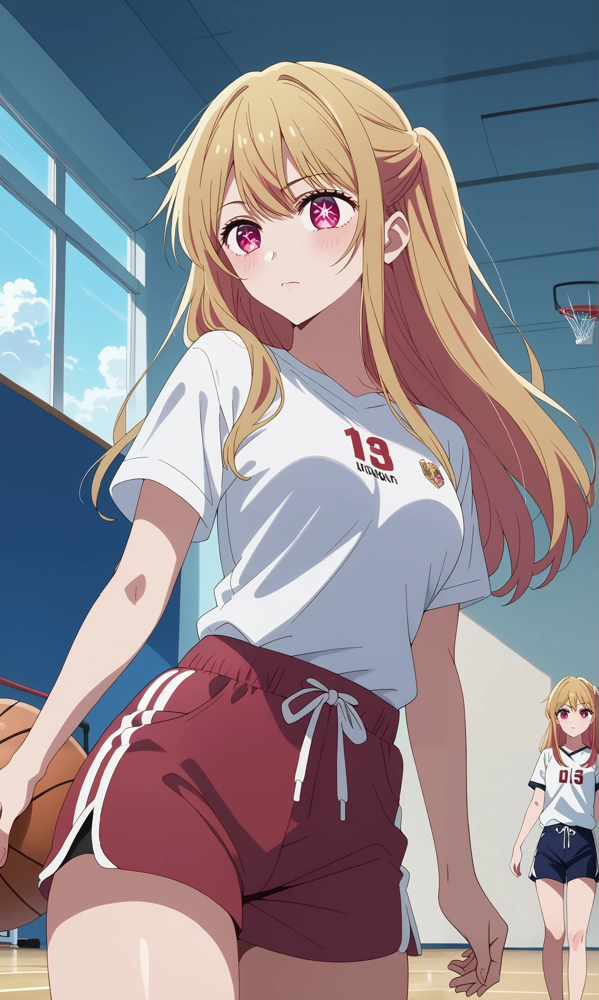 score_9, score_8_up, score_7_up, source_anime, 4K,perfect fingers,(perfect hands, perfect anatomy),prefect lighting, very aesthetic, intricate details,highly detailed background, masterpiece, high quality, best quality,
1girl, rubyhoshino, ruby hoshino, long hair, bangs, blonde hair, pink eyes, sidelocks, symbol-shaped pupils, multicolored hair, two-tone hair, Large breast,dense chest,
Wearing ((shirt, white shirt, short sleeves, shorts, )),,
indoors, in gym, sunset, playing basketball, evening, dynamic Angle, dutch angle,