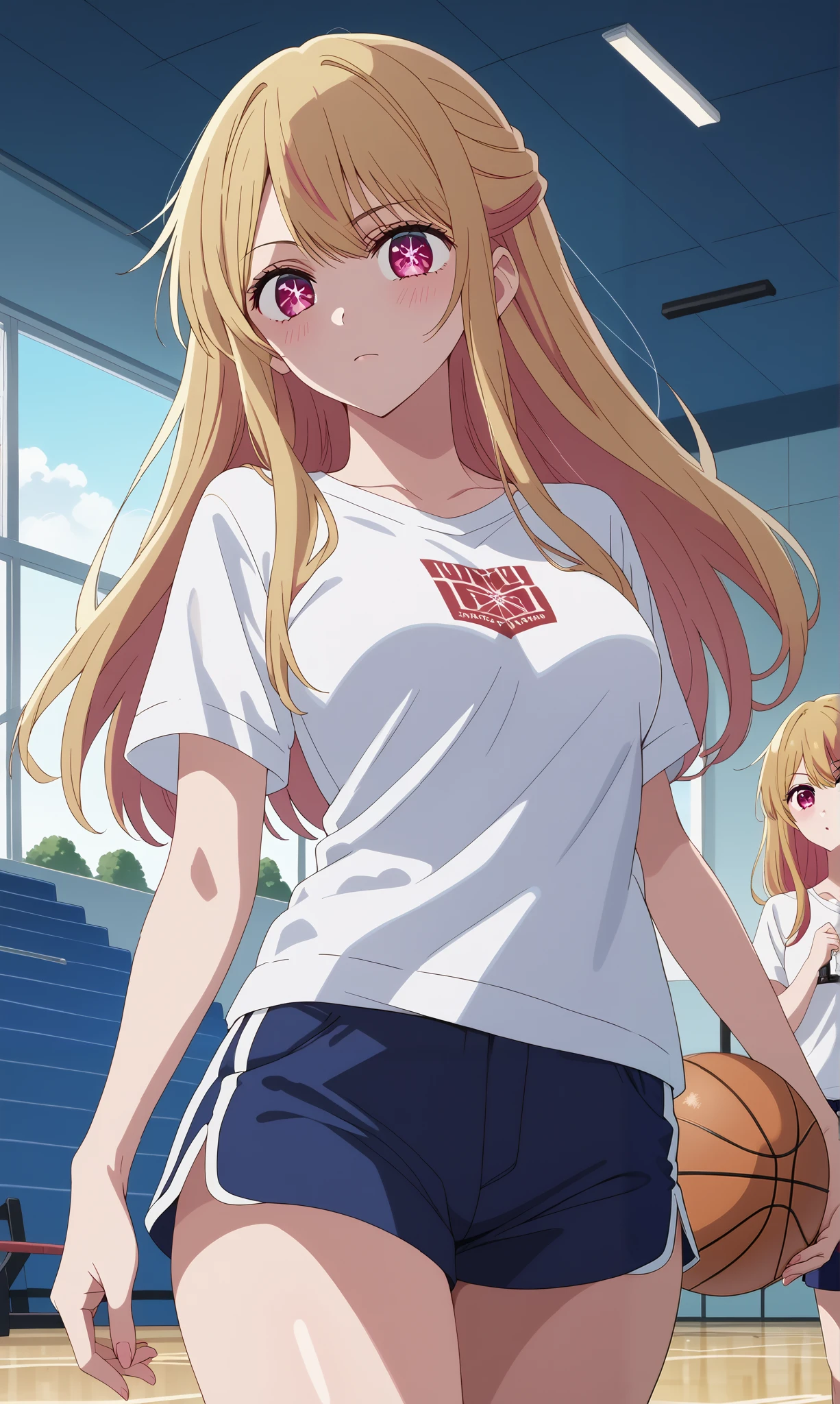 score_9, score_8_up, score_7_up, source_anime, 4K,perfect fingers,(perfect hands, perfect anatomy),prefect lighting, very aesthetic, intricate details,highly detailed background, masterpiece, high quality, best quality,
1girl, rubyhoshino, ruby hoshino, long hair, bangs, blonde hair, pink eyes, sidelocks, symbol-shaped pupils, multicolored hair, two-tone hair, Large breast,dense chest,
Wearing ((shirt, white shirt, short sleeves, shorts, )),,
indoors, in gym, sunset, playing basketball, evening, dynamic Angle, dutch angle,