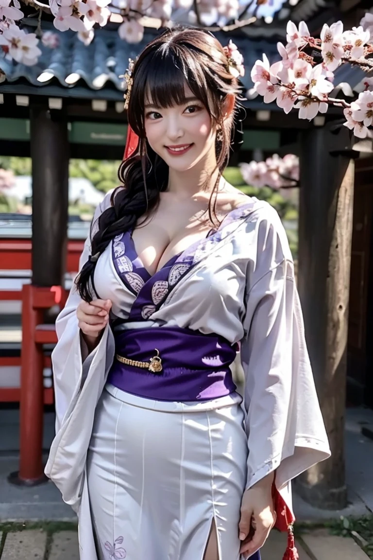 (((Raw Photo, 8K)), (Photorealistic: 1.3), (Masterpiece), (Best Quality), Ultra High Resolution, (Best Illustration), Photon Mapping, Radiosity, Best Shadow, Face Close-up, Portrait, (((Natural Light)), Backlit, (Solo: 1.5), Girl (Purple Long Hair, Single Braid, Dull Bangs), Purple Head Ornament, Beautiful purple eyes in detail, medium breasts, ((cleavage clipping)) purple kimono, thighs, black thighs, high heels. Smooth (bokeh: 1.4), Nikon d850, Nikon AF-S nikkor 58mm f/1.4G lens.