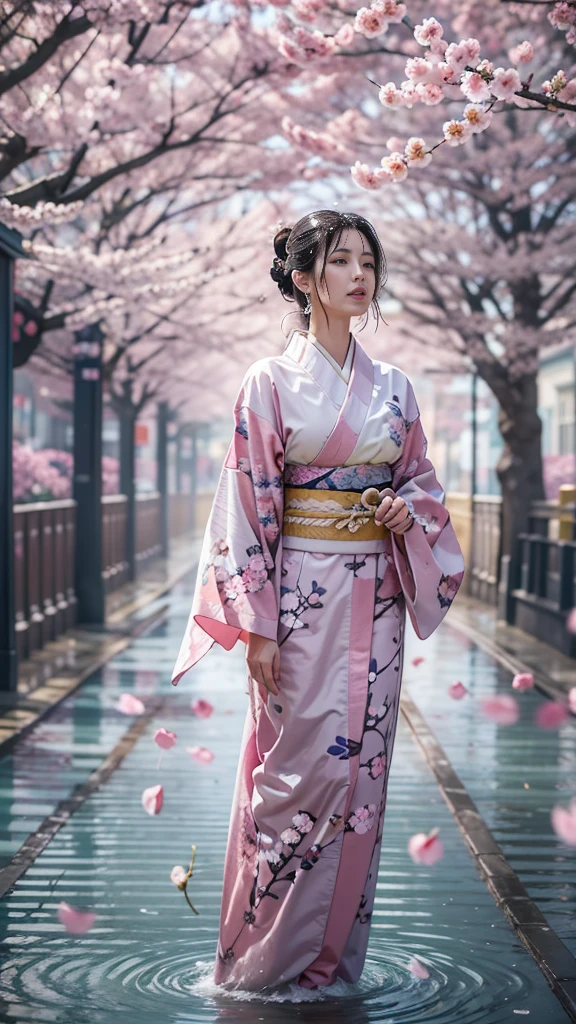 (32K, BEST QUALITY, masterpiece, photorealistic on the bed, super high resolution), ((Cherry Blossom Petals, Big Cherry Blossom Tree)), Highly Detailed Skin and Face Textures:1.3, perfect dynamic composition:1.4, (the night before a shrine in a modern city, Expressions of joy:0.8, crying, Aching Heart :1.0), after the rain, slim woman, white skin, wet body, wet hair, (Wearing a professional kimono, Holding a bouquet of wet cherry blossoms, wet white kimono),  beauty, perfect style, beautiful and aesthetic, medium ,   gap, (very pretty face:1.0, Beautiful  eyes:0.8, Overly sensual:0.8, enchanting:0.8), earrings, wedding ring, Water droplets on skin
