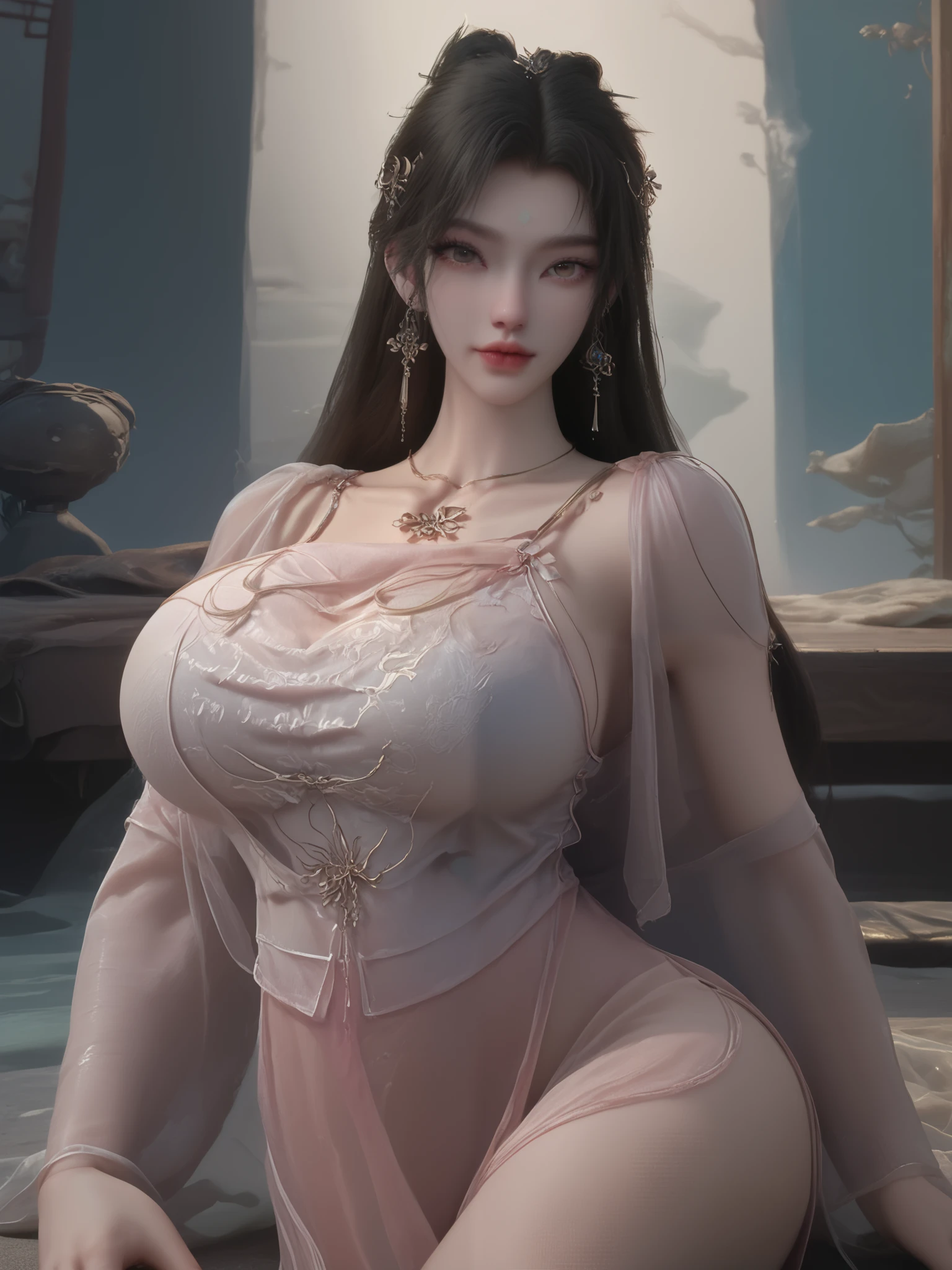 girl,solo,dress,earrings,jewelry,long hair, ancient female chinese clothes,looking at viewer , Chinese dress,brown eyes, black hair, sexy camisole, camisole like a pink see through cloth, revealing full thights and hip and venter, top quality, Masterpiece, Ultra High Resolution, High Definition RAW Color Photos , pro pics, natural skin texture, fine skin, hyperrealism, smiles,Earrings, gigantic breasts, slit dress, camisole, collarless dress