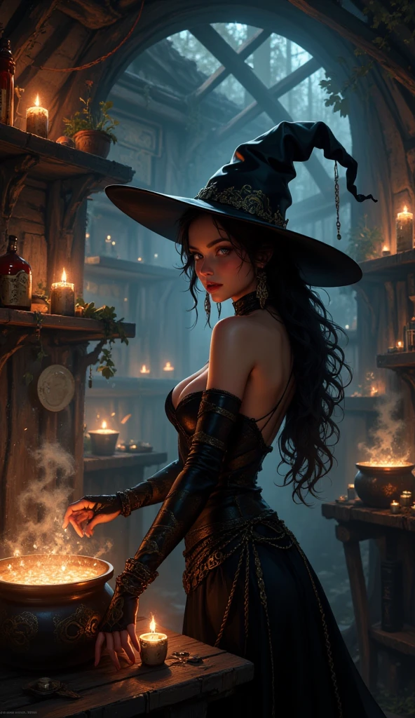 A mysterious witch as she summons souls that come out of the cauldron like smoky trails, their faces are screaming and flood the entire room