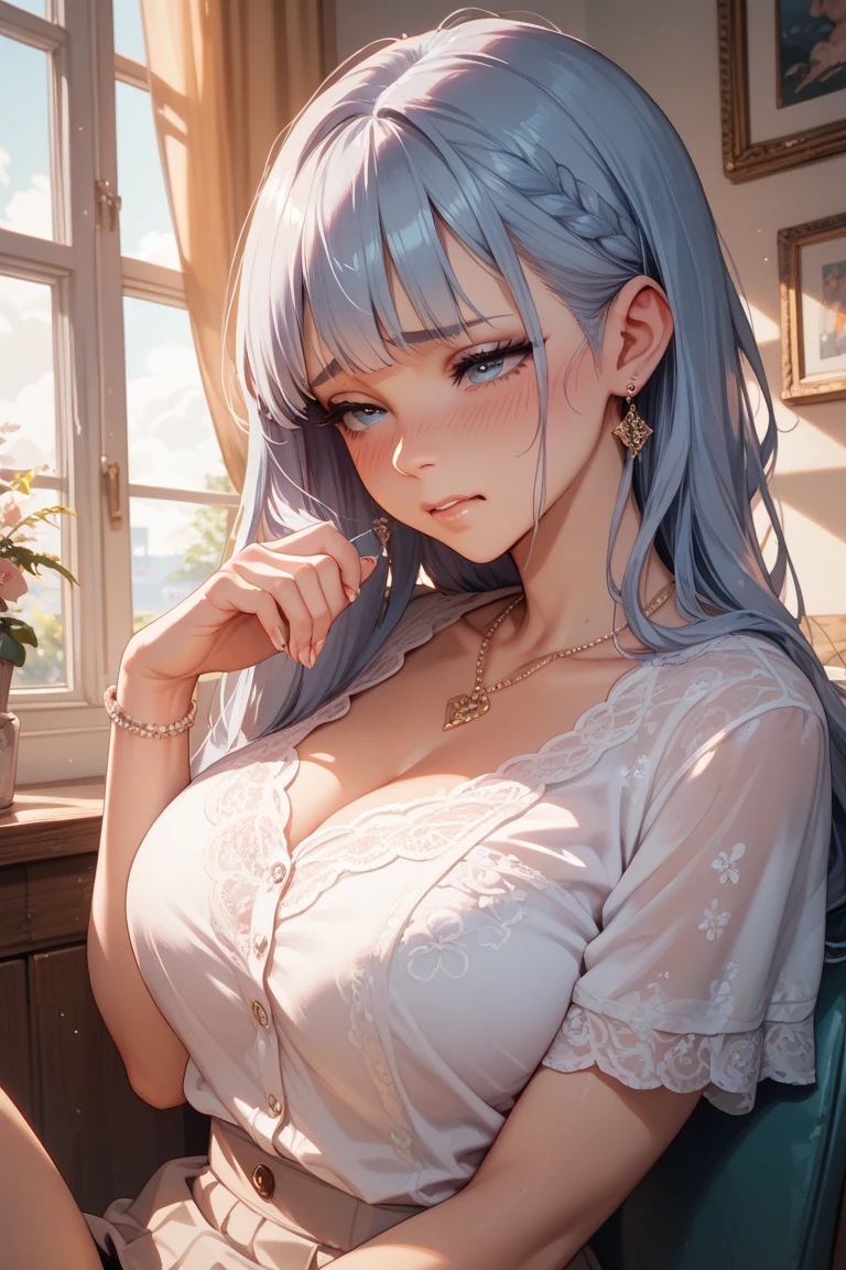 A girl with gray hair stands completely naked with a glass of coffee, leaning on the table, purple eyes, breast size 2