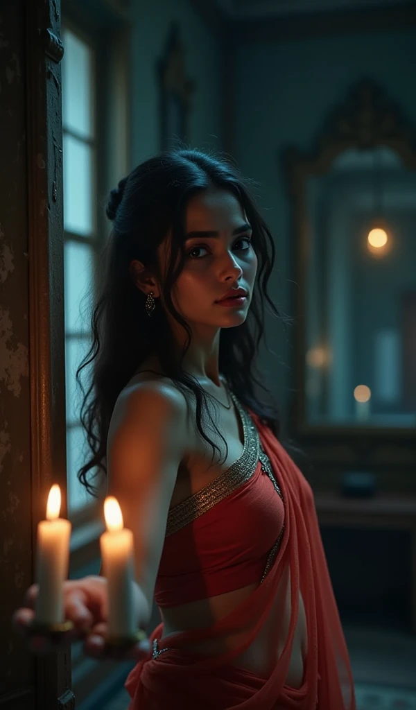 Castle, 1 brown woman with large brown eyes, full red lips wearing navy blue saree , one candle in hand