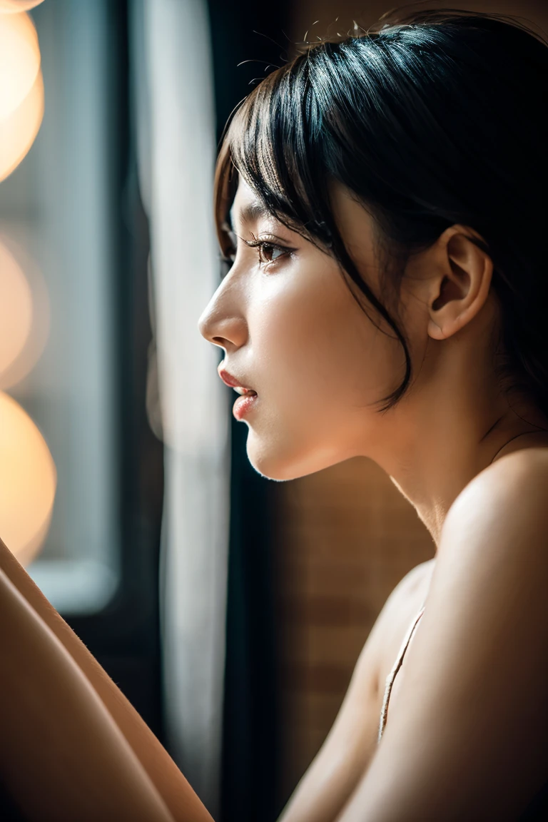 (Photoreal Stick:1.5, On the table:1.5, 8K), (Top quality, masterpiece, Ultra-high resolution), Perfect dynamic composition, Professional photography work:1.4, Highly detailed skin and facial texture:1.3, Mysterious Portrait:1.3, Grow Light Effect, Super detailed, 1 Girl, ((Night view from inside the building, Pitch black room:0.8, The moonlight shines through the glass at night)), (V neck nightdress), Model body shape, Clear face, (Beautiful and Attractionse eyes:0.8, Look of ecstasy:0.8, i love you completely:0.8), Taste feels beautiful and lustful, Dark brown medium length hair, Medium chest, A necklace, (leaning against the window, Attractions)