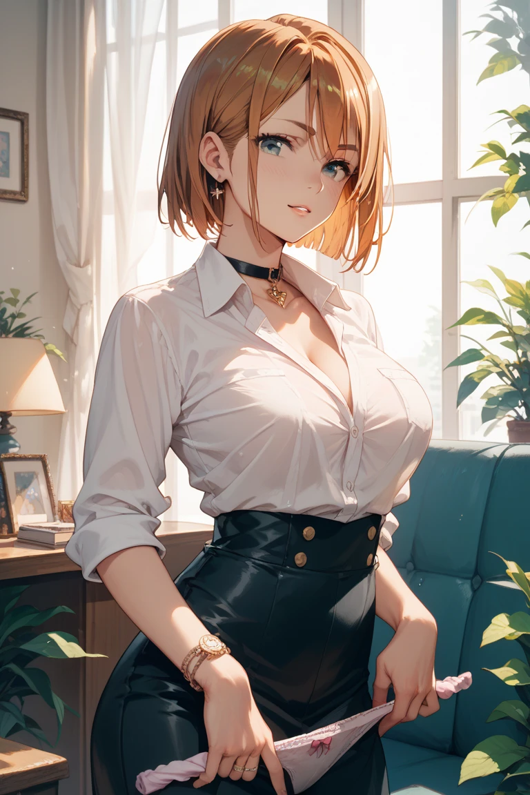 masterpiece, Best quality (4k). Place: Japanese class in Tokyo, modern style.  without a skirt(bottom naked), practically naked, the only clothing left is the unbuttoned top part of the school uniform, stands with his legs crossed and leaning on the desk, look a little to the side and down, slightly rosy cheeks, medium breasts, large hips, wide pelvis, shoulder-length blonde hair