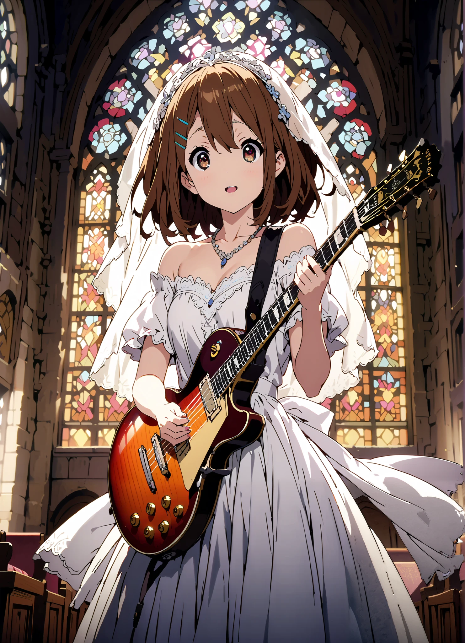 Plane, Plane, brown eyes, brown hair, hair clips, medium hair,Veil,necklace,Off Shoulder Wedding Dress,Short sleeve,guitar( Gibson Les Paul) , Instrument playing, Stage Performance ,Sing in front of the microphone, Play in front of the microphone,is standing,smile,cover,open your mouth wide,stained glass,full bodyがillustrationsに入るように,break indoors,Chapel,church,
break looking at viewer,full body,
break (masterpiece:1.2), Highest quality, high resolution, Unity 8k 壁紙, (illustrations:0.8), (beautiful detailed eyes:1.6), very detailed face, so that it fits into the illustration, extremely detailed CG,(perfect hand, perfect anatomy),