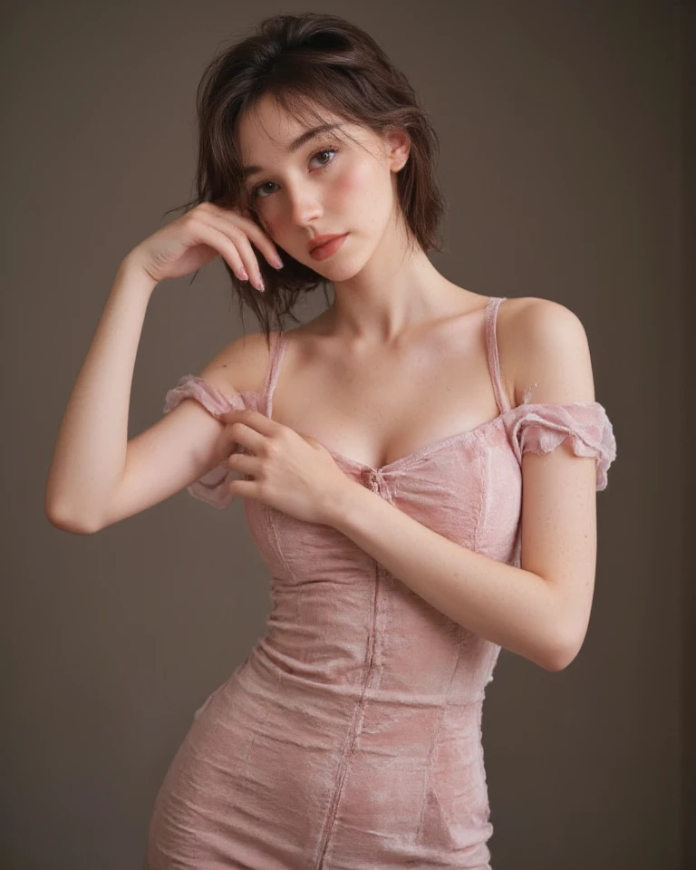 (Best quality, photorealistic, reality, realistic detail), photos rendered with Ulreal-engine 5.2, close-up portraits, A beautiful young bang-haired girl, looking alike Kaya Scodelario, tall, (slim figure :1.2), slender girl's appearance, big breasts, cleavages expose, delicate face, smirk, ((Wearing printed summer dress)), outdoor, lean on pole, soft lighting, staring seductively.