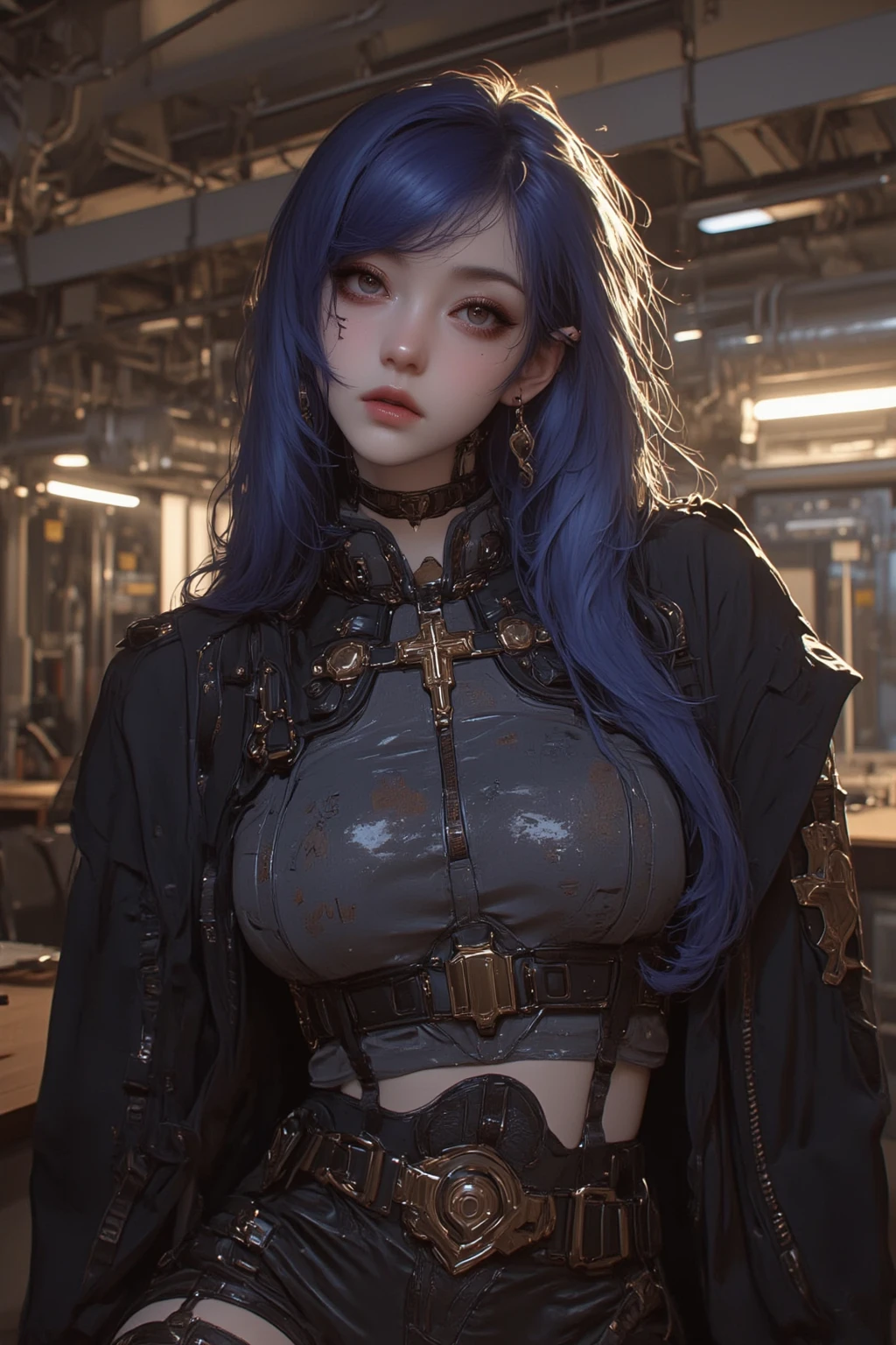 ((realistic)), ((best quality)), ((masterpiece)), (ultra details), 1girl, futuristic, cute face, k-pop idle IVE, messy hair, curly hair, wearing パワードスーツ、mechanical, wearing futuristic clothing, sexy posing, background cyber punk, background neon sign, steam punk, blue nipples, blue nipples, purple nipples, red nipples, yellow nipples, in spaceship