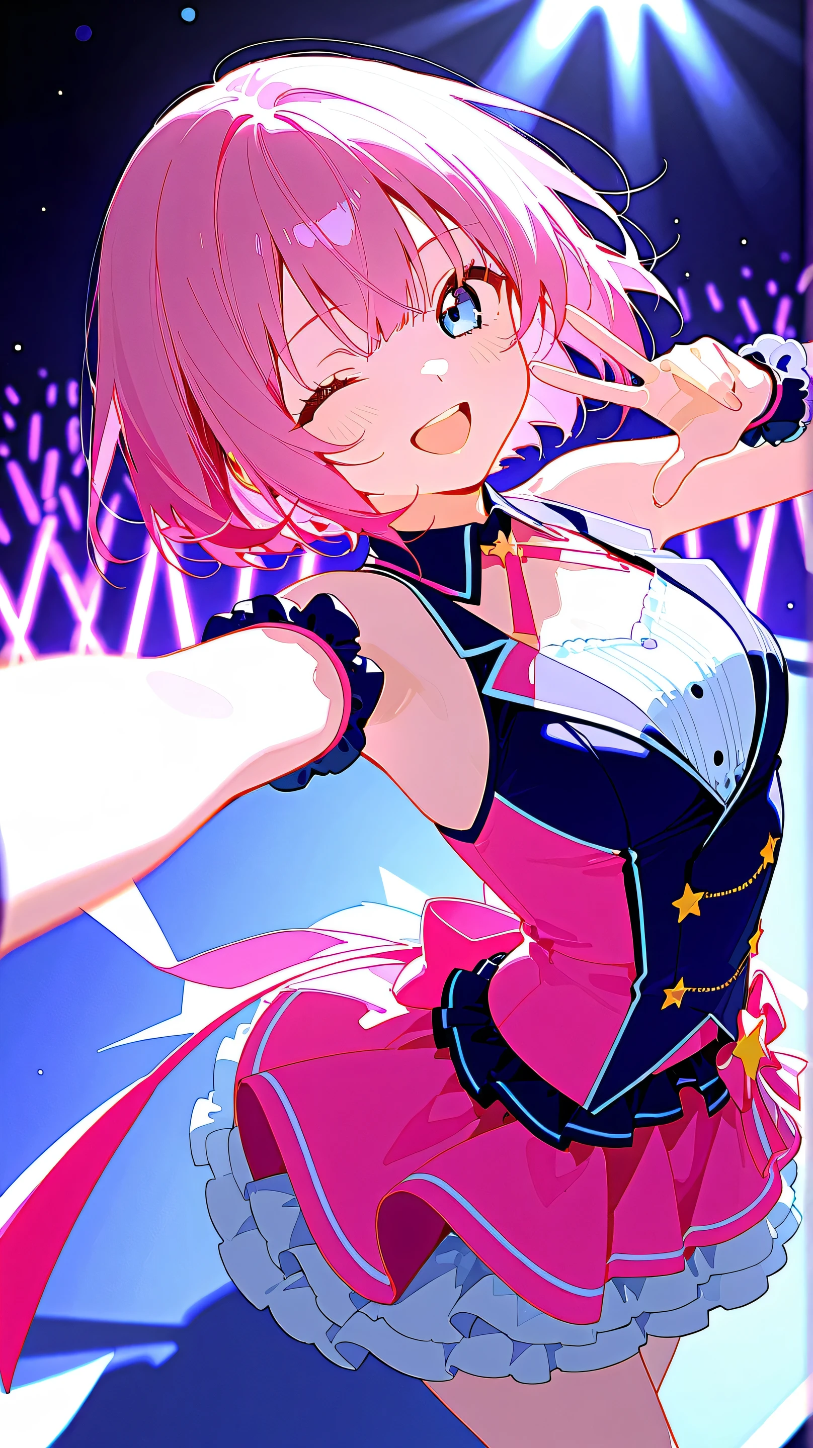 A pink haired woman with violet eyes with an hourglass figure in a ballet uniform is dancing on the stage with her hair in a bun