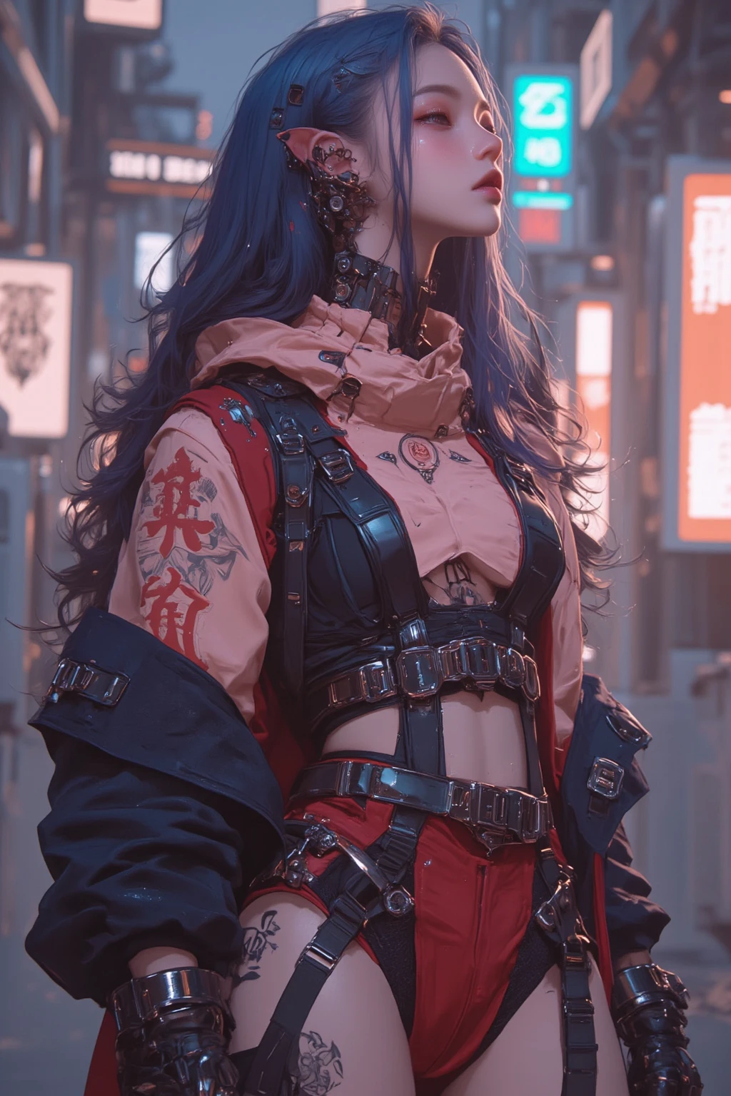 1female samurai cyborg wearing a cloak, (Black Coat:1.2), holding sword, Katana, God of War, complex, 8k, wallpaper, (Masterpiece, Best quality:1.2), extremely detailed, cinematic, iridescent, armor, mecha,