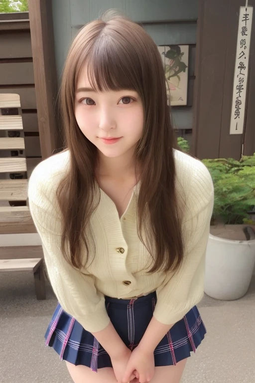(masterpiece,highest quality,超A high resolution),Japanese women, (((Very cute girl))), View the photographer, Front view, ((Long Hair)), Super cute face, Glossy lips, Double eyelids on both eyes, Focus your eyes, Natural Makeup, bangs, Shiny and smooth light brown long hair, (((Upper body close-up))), Large Breasts, Perfect limbs, Perfect Anatomy, ((Loose knit coat:1.4)), ((Black knee-high socks:1.3)), (((Checkered pleated mini skirt:1.3))), ((Smile)), Night room, (Show off your slim thighs:1.3), ((Include the whole face and focus on the chest:1.2)), View your viewers, (Strike a cute pose:1.2), Perfect and natural fingers,