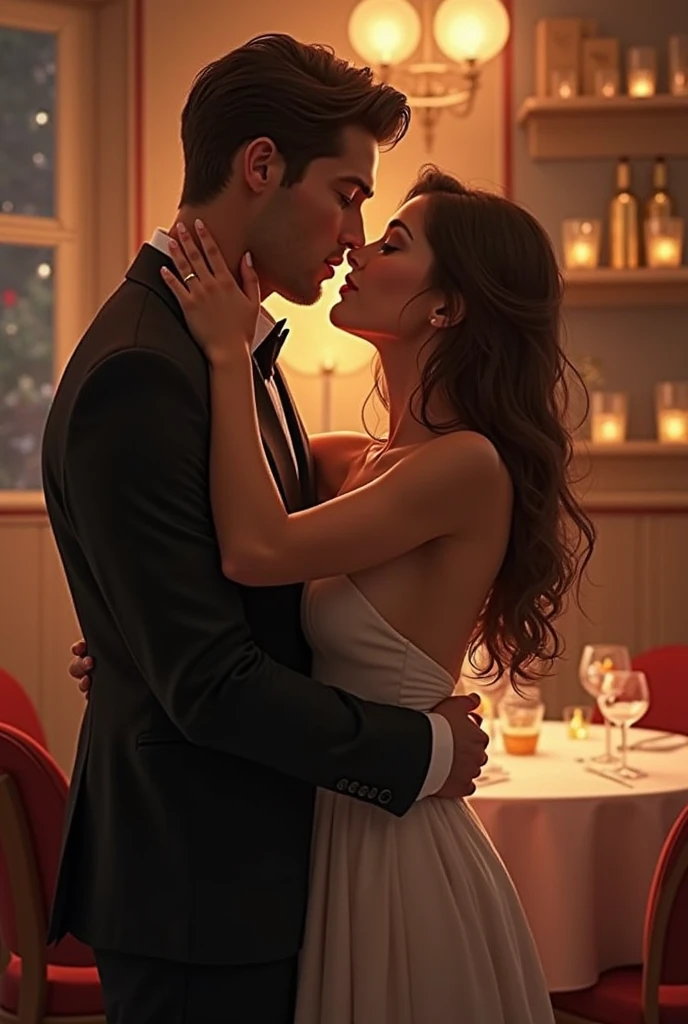 A couple man and woman he very handsome Italian 29 years old dark brown hair short vest suit is kissing passionate A beautiful young woman 23 years old wears long red dress on a luxurious terrace at night real photo clear face without deformations