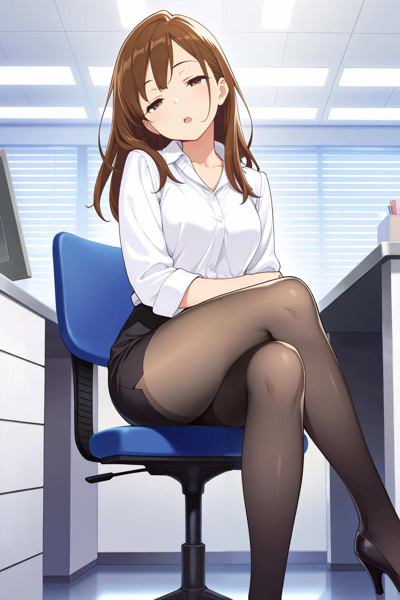 masterpiece, best quality, 1girl, {sleepy:3.0}, {tights:4.0}, {crossed eyes:0.1}, long hair, brown hair, pencil skirt, dress shirt, black pantyhose, open mouth,official art, head tilt, high heels, official art, anime, office, sitting, crossed legs