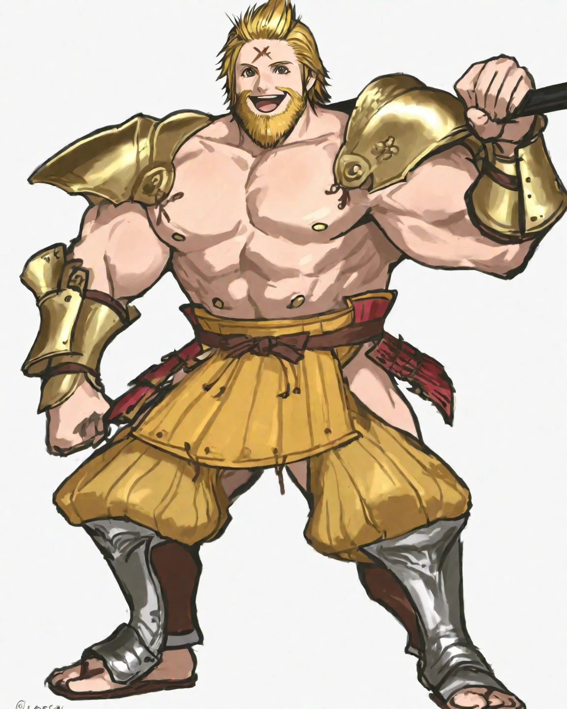 Donald Trump (bandage on one ear, happy grin, muscular, conan outfit) has just speared a fish and raises it out of the water for the women to see, forest pond