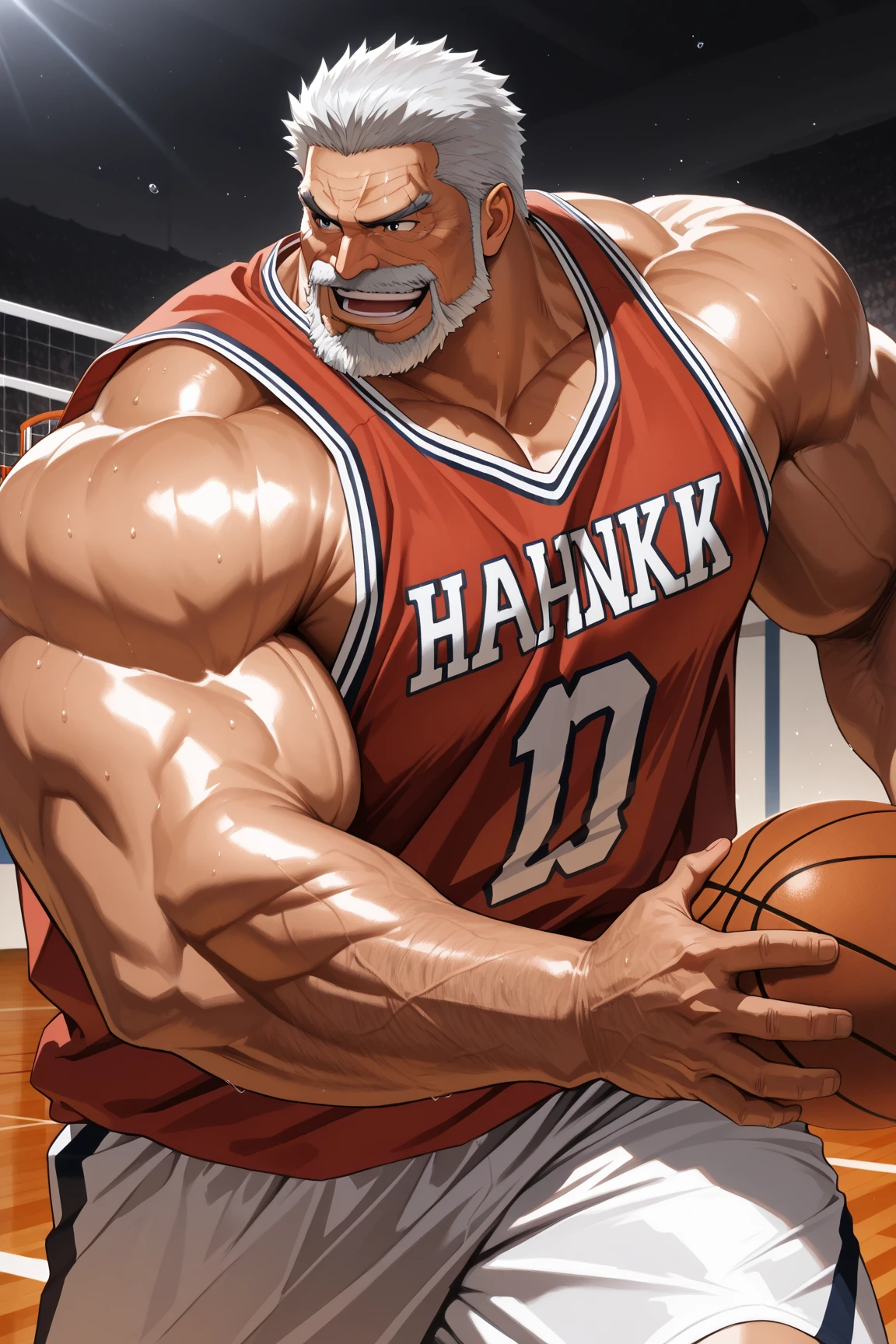 (magazine cover), with text, solo, 1boy, (Huge Muscular Old man as a boxer, wearing boxing gloves , wearing shorts, topless) (short hair, 2tone hair color, two tone hair colors, red and white hair color), pectoral, abnormal muscle size, very big muscle, absurdly muscle size, huge pectoral, wide pectoral, short white hair, short bearded, simple background, masterpiece, high detailed, 8k, high resolution, --style 250, -- v 6.0