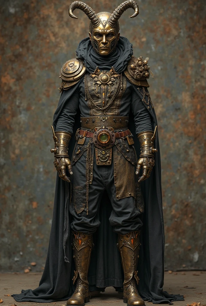 metal band costume inspired by the god baal with shoulder pads in dark brown, black, dark grey, dark red, chains, straps, symbols or accessories of baal worship, clothing or fabrics, leather, silk, thick fabrics, fabrics that give the impression of something ancient, earthly, pagan, anti-religious, transgressive, also inspired by avant garde, death metal, torn fabrics, discolored fabrics, shoulder pads, torn and distressed, Symbolism of Baal, Accessories, Masks or helmets, dark shades, red black grey dark brown, shoulder pads,Cloaks or Tunics, crowns, clothing inspired by rustic leather fabrics for metal band guitarist