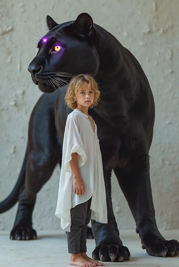1 male child wearing white stockings, a black leopard and a black leather jacket, black boots and gloves
