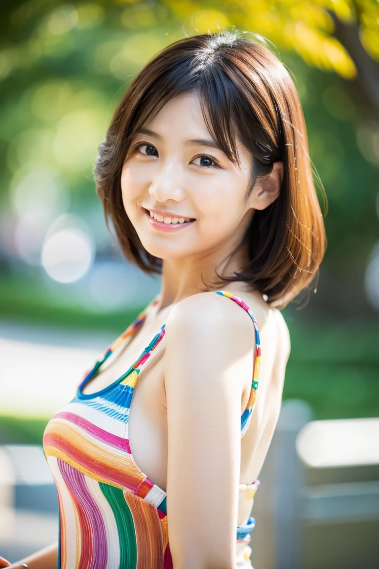 (highest quality、8k、32k、masterpiece、Hmph:1.2)、17 years old、Cute Japanese Women Photos、thin、slender、1 girl、(Bobcut)、(Small Tits)、double eyelid、 Yellow bandeau dress:1.1,Thighs、Light blue wall、whole body、smile、sexy