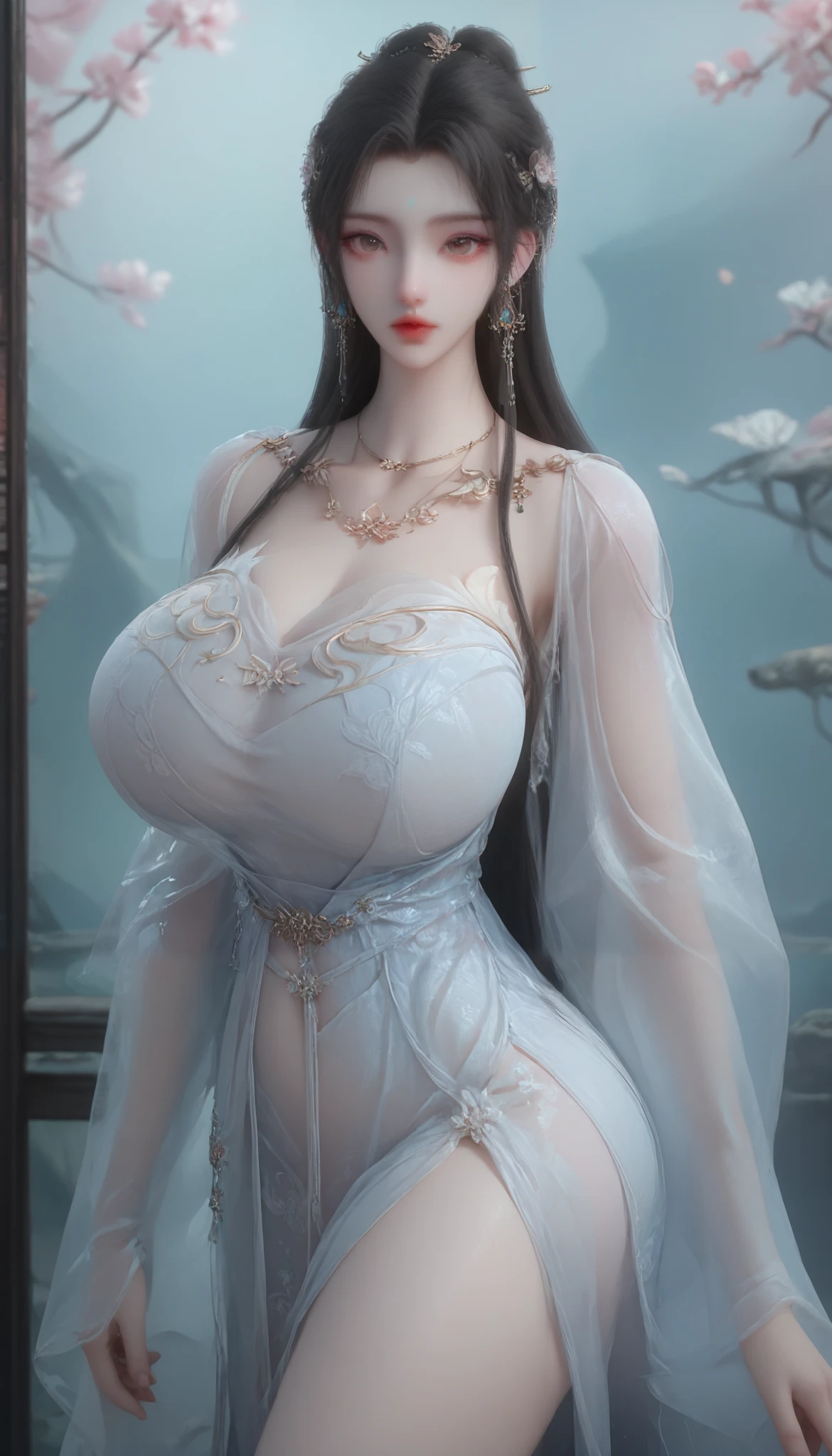 girl,solo,dress,earrings,jewelry,long hair, ancient female chinese clothes,looking at viewer , Chinese dress,brown eyes, black hair, sexy camisole, camisole like a pink see through cloth, revealing full thights and hip and venter, top quality, Masterpiece, Ultra High Resolution, High Definition RAW Color Photos , pro pics, natural skin texture, fine skin, hyperrealism, smiles,Earrings, gigantic breasts, slit dress, camisole, collarless dress