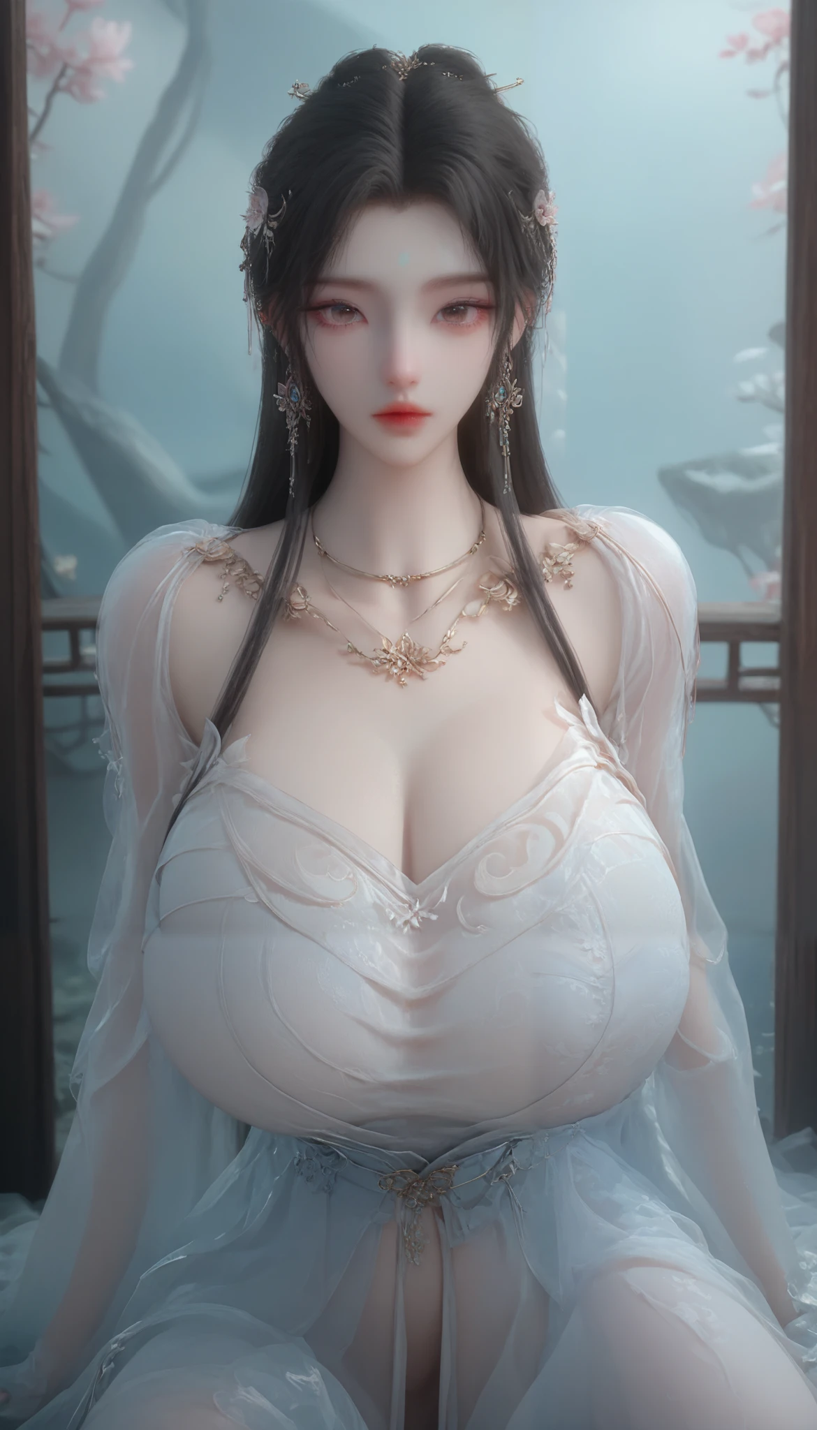 girl,solo,dress,earrings,jewelry,long hair, ancient female chinese clothes,looking at viewer , Chinese dress,brown eyes, black hair, sexy camisole, camisole like a pink see through cloth, revealing full thights and hip and venter, top quality, Masterpiece, Ultra High Resolution, High Definition RAW Color Photos , pro pics, natural skin texture, fine skin, hyperrealism, smiles,Earrings, gigantic breasts, slit dress, camisole, collarless dress