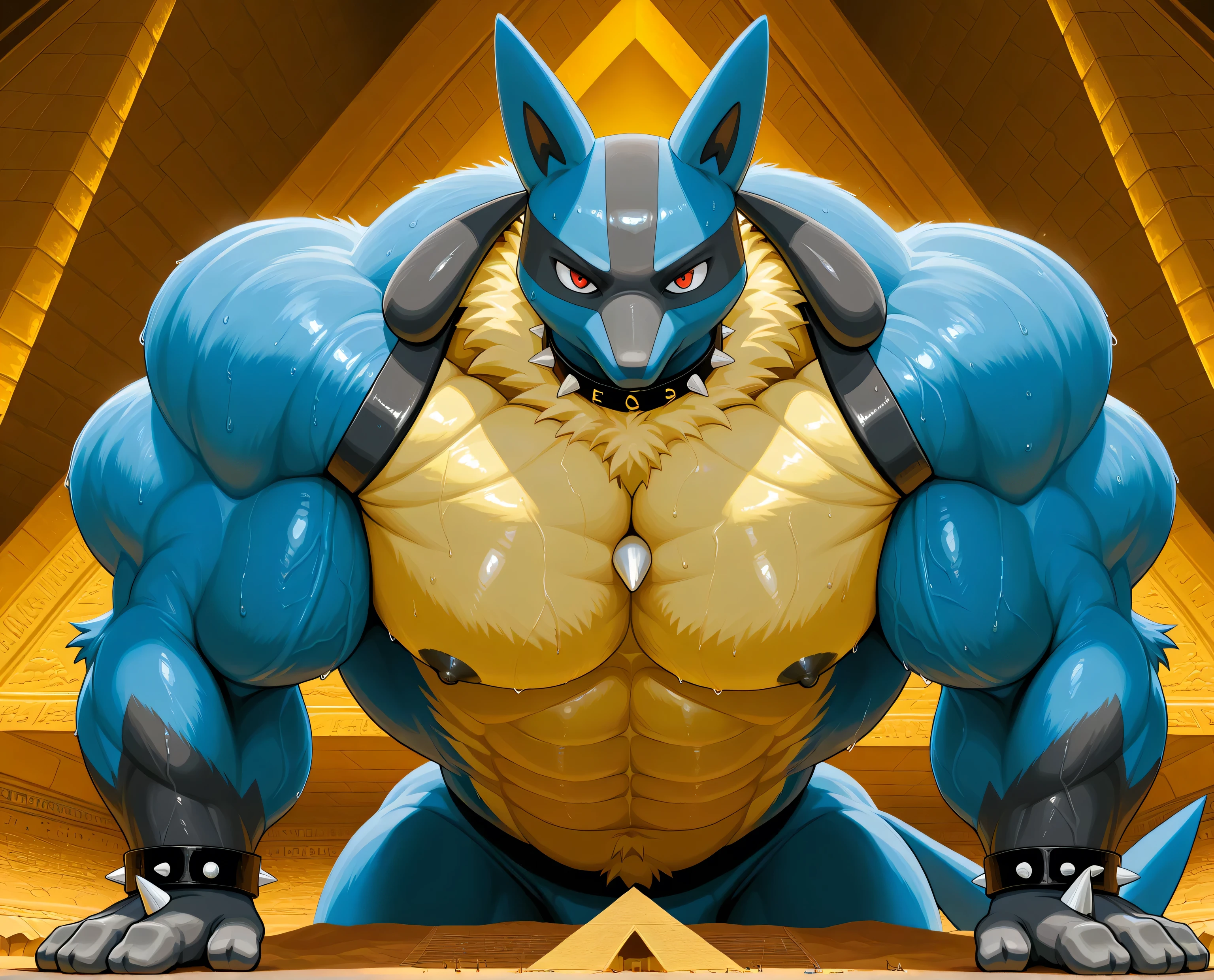 detailed background, low view, pyramids, close up, solo, leaning forward on viewer, score_9_up,score_8_up,score_7_up,score_6_up,score_5_up,score_4_up, BREAK kemono, bara, furry, 1boy, anthro, lucario, Blue Fur, Chest Spike, Red Eyes, yellow chest fur with thicker patches on the collar, spike on wrists, two-tone fur, huge muscular, broad shoulders, broad chest, huge arms, male, macro, bedroom, black collar on neck, tail, male, posing, bedroom eyes, sweaty, huge black nipples, serious, looking at viewer, upper body shot