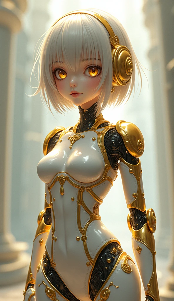 "((Surreal girl)) intertwined with liquid metal, surrounded by the geometric elegance of art deco, a grand cathedral bathed in the warm hues of a setting sun's light beams, with a serene fountain completing the dreamlike scene.",More Detail
