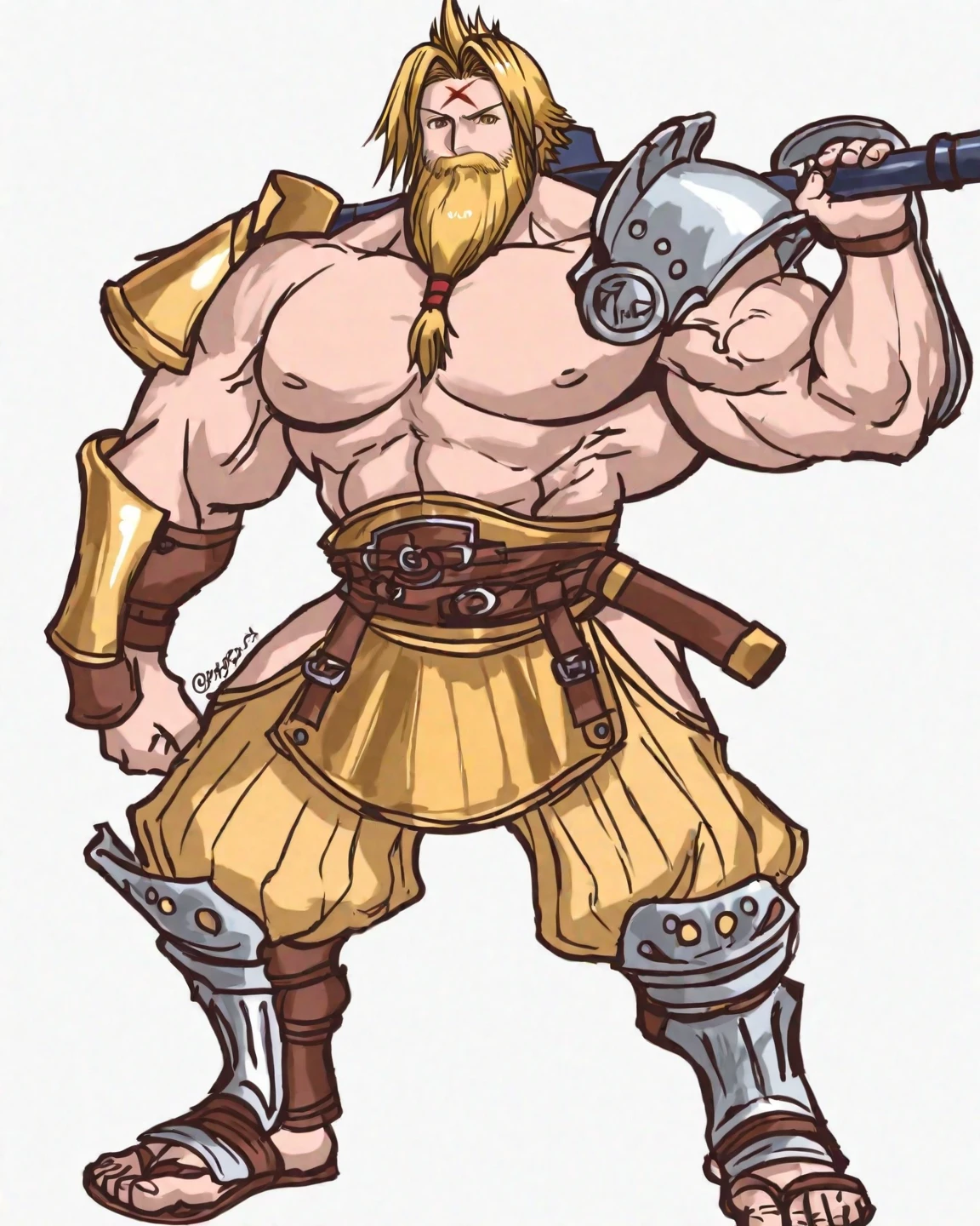 burly virile hairy man, with two wolf ears and a bushy tail, in a suit of armor, middle-aged, hirsute, overmuscular and musclebound, bulging veiny muscles, a warrior's build, a bodybuilder's physique, long bushy and a thick mustache, a square jaw, handsome and dreamy, grey hair, a gladiator in the arena