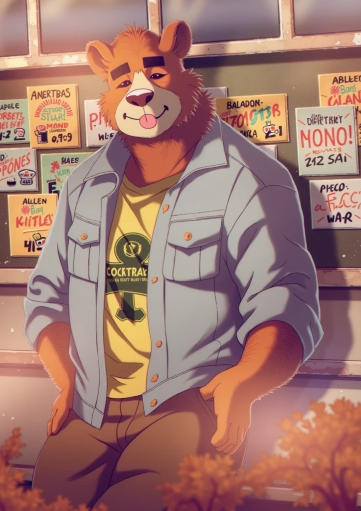 teddyac, male focus, blush, short hair, yellow t-shirt, open button shirt, pants, smile, tongue out, pose, standing against wall, street background,   <lora:teddyac-09:1>