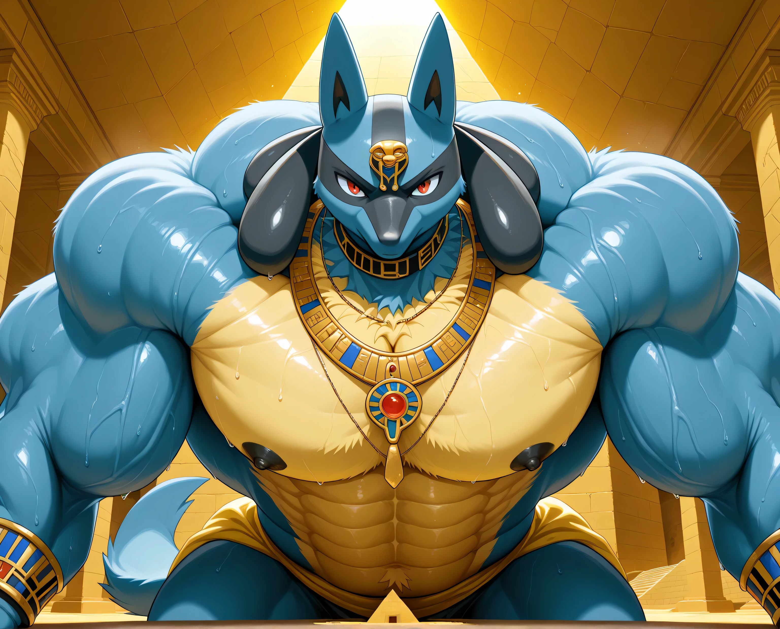 detailed background, low view, pyramids, close up, solo, leaning forward on viewer, score_9_up,score_8_up,score_7_up,score_6_up,score_5_up,score_4_up, BREAK kemono, bara, furry, 1boy, anthro, lucario, Blue Fur, Chest Spike, Red Eyes, yellow chest fur with thicker patches on the collar, Egyptian necklace, jewelry, spike on wrists, two-tone fur, huge muscular, broad shoulders, broad chest, huge arms, male, macro, bedroom, black collar on neck, tail, male, posing, bedroom eyes, sweaty, huge black nipples, serious, looking at viewer, upper body shot