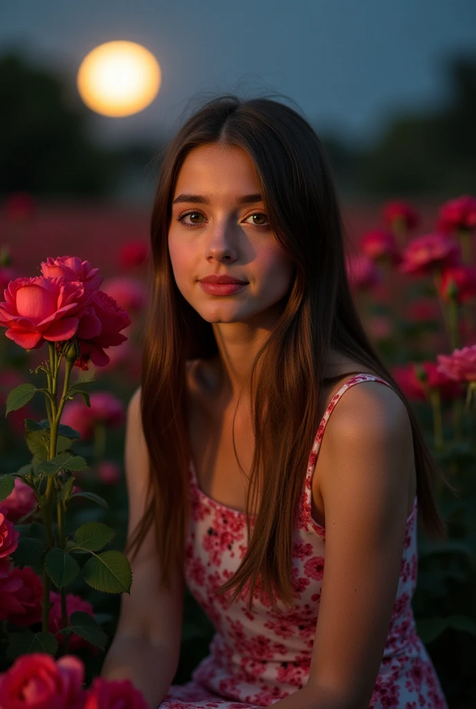 Create an artwork with three blended layers. The first layer should be the bottom third of the image and should contain the foreground. The second layer should be the middle third of the image and should contain the middle ground. The third layer should be the top third of the image and should contain the background. 
(Foreground: blurry red roses:1.5). Middle ground: An ultra hot gorgeous European woman, age 23, long light auburn hair. she's a playmate, men magazine model. (She is leaning forward. smelling roses with a smile:1.32). She wears a white sheer lace bra. Background a snowy village, winter starry night, northern lights.Perfect anatomy, perfect hair, perfect breast, perfect body, perfect hands, perfect face, UHD, retina, masterpiece, accurate, anatomically correct, textured skin, super detail, high details, high quality, award winning, best quality, highres, 16k, 8k,
