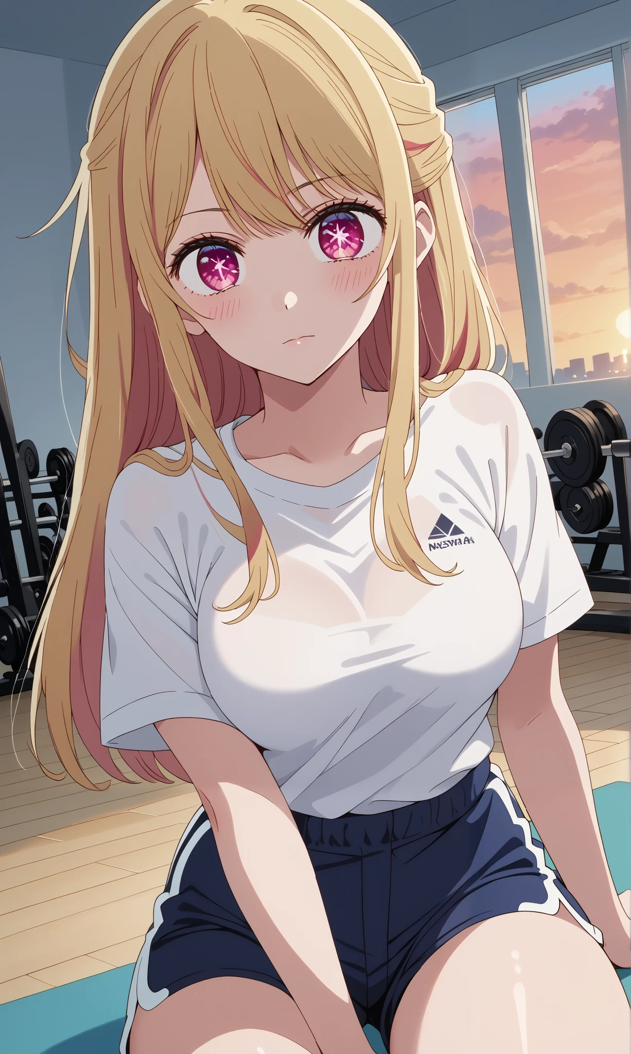score_9, score_8_up, score_7_up, source_anime, 4K,perfect fingers,(perfect hands, perfect anatomy),prefect lighting, very aesthetic, intricate details,highly detailed background, masterpiece, high quality, best quality,
1girl, rubyhoshino, ruby hoshino, long hair, bangs, blonde hair, pink eyes, sidelocks, symbol-shaped pupils, multicolored hair, two-tone hair, Large breast,dense chest,
Wearing ((shirt, white shirt, short sleeves, shorts, )),,
indoors, in gym, sunset, evening, dynamic Angle, dutch angle, sitting on the floor,