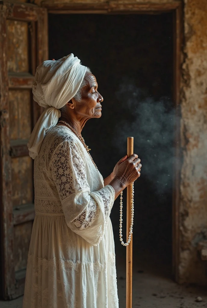 Woman,smoking old pipe,Smoke coming out, white cloth on the head.fat black, sitting,holding a white candle in your hand,70 years old,sitting na cadeira de balanço, in front of your thatched house,old white slave dress,fat woman,lit candle, blessing black child,wearing no shirt, 