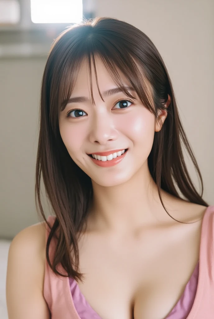 (((upper body shot))),(((sagging breasts))),Ultra-high resolution,big eyes,(brown eyes),Japanese,(forehead),(a girl),(1 girl),((18-year-old)),cute,pretty,((facing at viewer)),grin