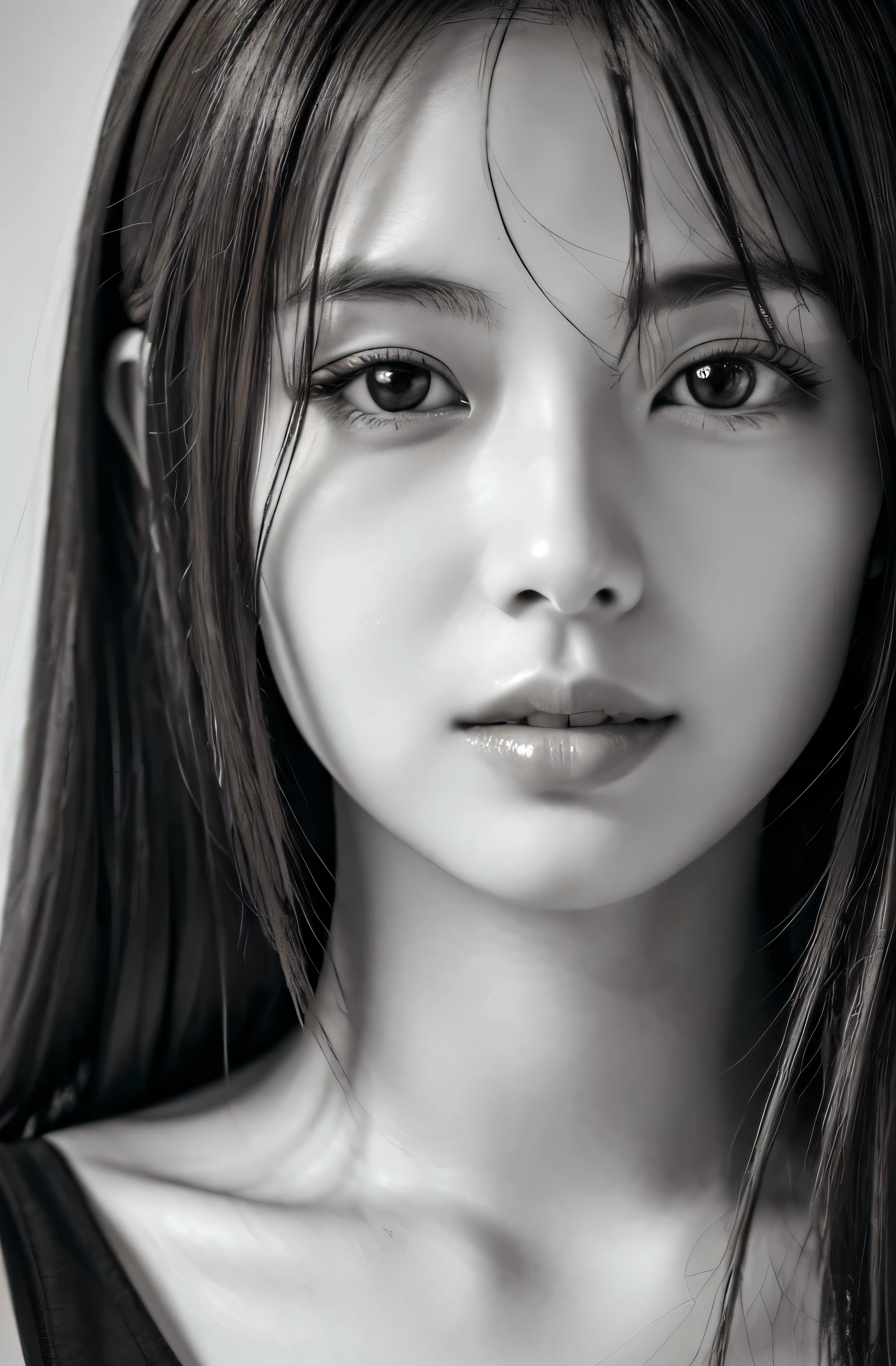 (Highest quality,Super detailed,Realistic),(Portraiture),(Black and White),(Soft lighting),(Beautiful Faces of Japan),(Detailed facial features),(White Background),(Line art),Anatomically correct