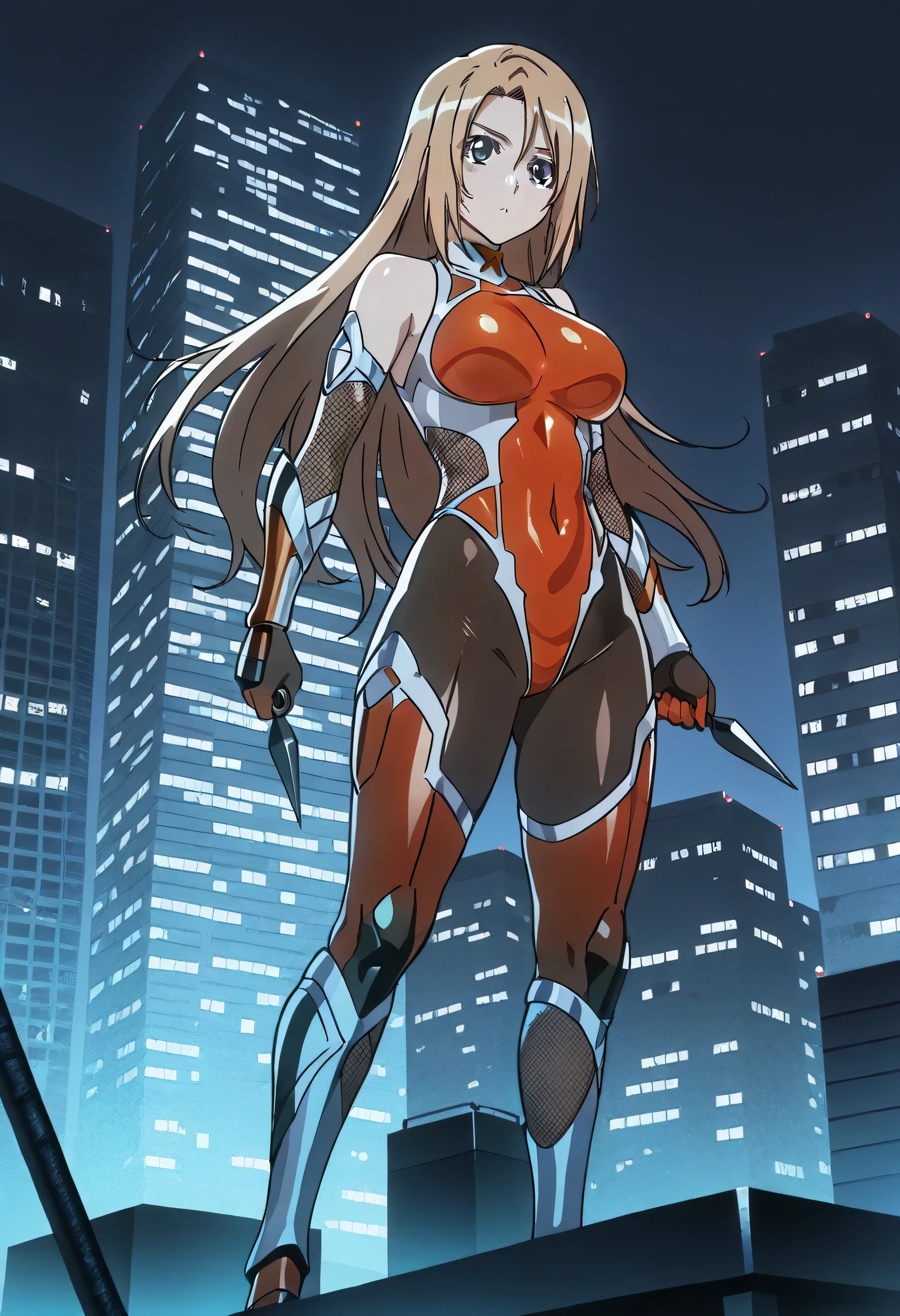 ninja, female, long light brown hair, sleek outfit, taimanin inspired outfit, darkness, wielding kunai, standing on top of a skyscraper, best quality, high resolution, 8k, dynamic lighting, rough texture, shadowing