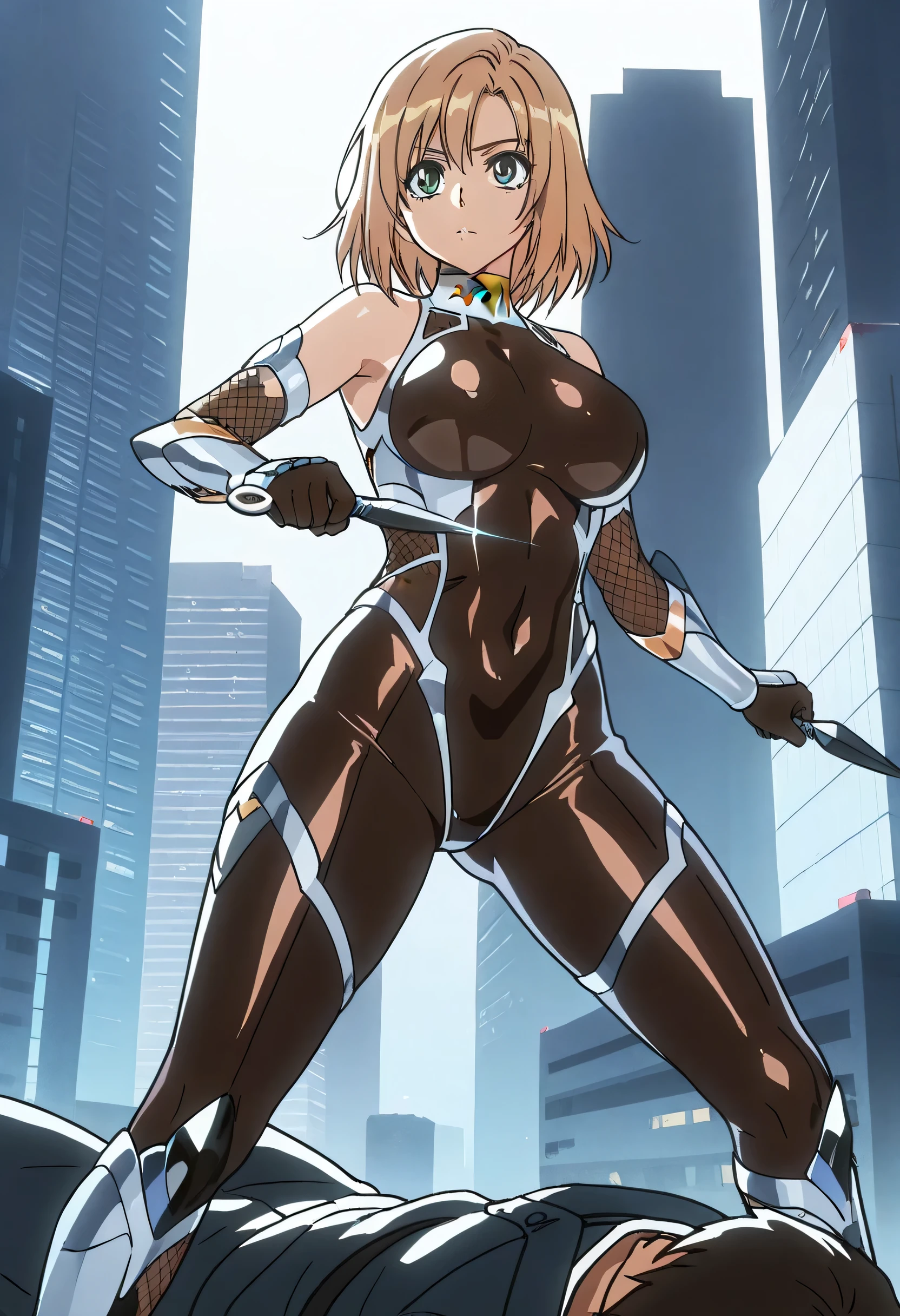ninja, female, long light brown hair, sleek outfit, taimanin inspired outfit, darkness, wielding kunai, standing on top of a skyscraper, best quality, high resolution, 8k, dynamic lighting, rough texture, shadowing