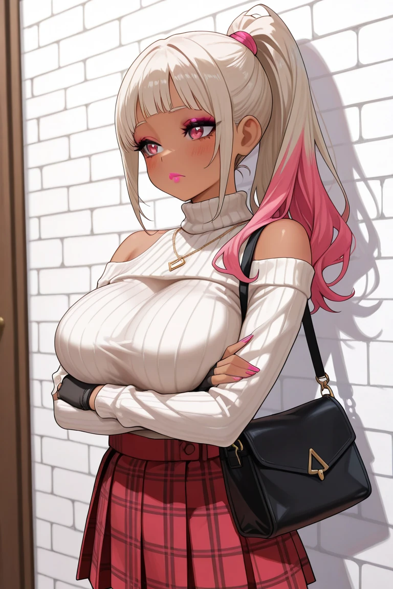 ((masterpiece)), (best quality:1.7), (detailed:1.4), (high res:1.4), 8k, (colorful:1.5), high resolution, sharped image, 4k, hd, (beautiful detailed background:1.2), (beautiful lighting:1.2), (highly detailed:1.2), perfect lighting, (8k wallpaper:1.2), (highly detailed:1.2), (extremely detailed CG:1.2), (((platinum blonde long hair))), (((pink hair highlights))), ((large chest)), ((busty)), curvy figure, (((light purple eyes))), (bartender counter), (pink loose ribbed sweater and tight leather black jeans), (plain headband), mature, older, human adult, very tall, fullbody