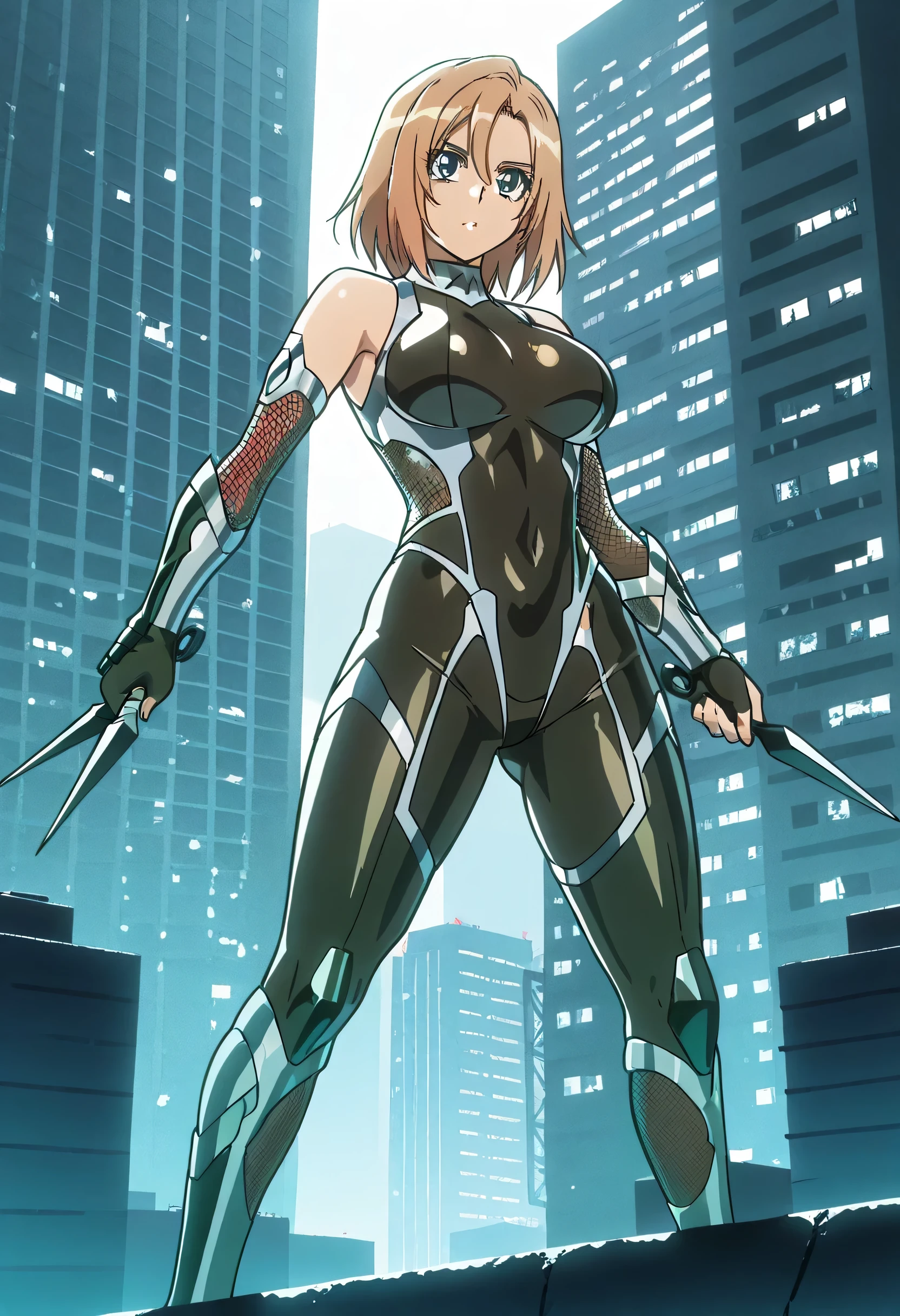 ninja, female, long light brown hair, sleek outfit, taimanin inspired outfit, darkness, wielding kunai, standing on top of a skyscraper, best quality, high resolution, 8k, dynamic lighting, rough texture, shadowing