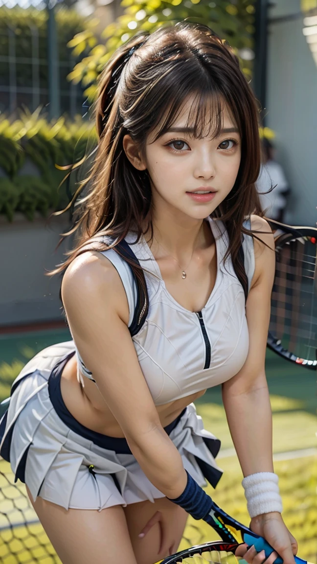 (Very delicate and beautiful:1.2)super model,,Big Breasts,Beautiful breasts,voluptuous,【bike shorts】,,【3girls】,,highest quality, High resolution, 8K,Kick in a hurry.Tennis Wear.mini skirt