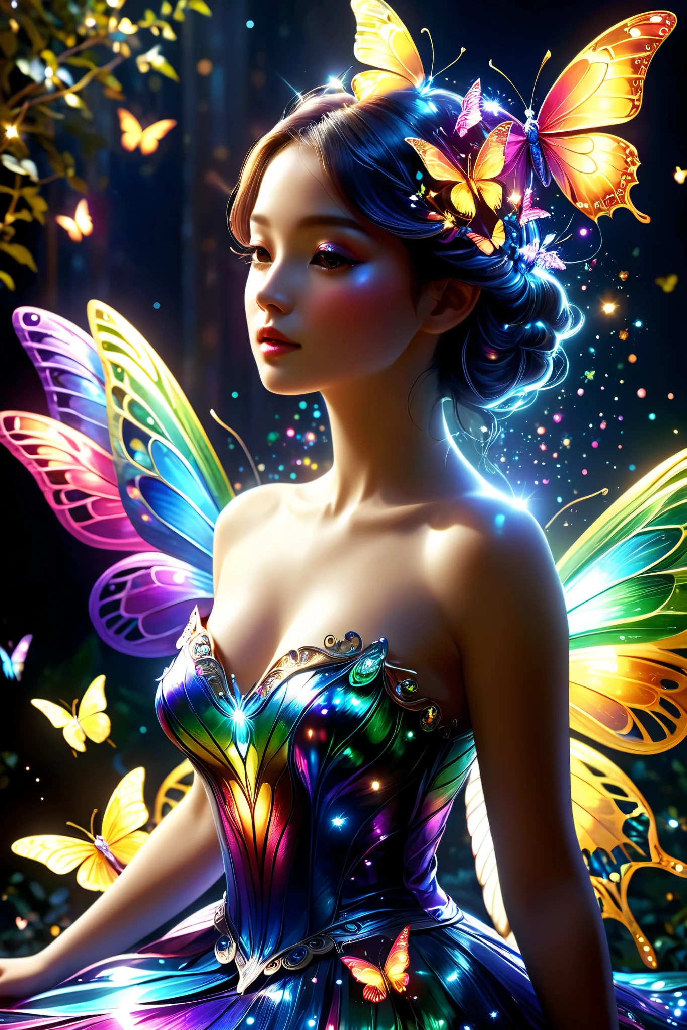 暗闇の中を羽ばたくbutterfly々shine、beautiful, like a dream 、This touches my heart..,butterfly々:rainbow:Seven colors:luminescence:shine, dark background,flash,とてもflash,Masterpiece,最高Masterpiece,best composition,A beautiful sight ,Dreamy,優しくshinebutterfly々,politely,Rendering,unreal engine,Elements of Zenthalg,difficult details,politely描く,carefully, particles of light:sparkling scales,butterflyの羽ばたきの軌跡がshine,rich colors,Colorful,Anatomically accurate,Beautiful Light and Shadow, mysterious ,fantasy,fantasy,digital art