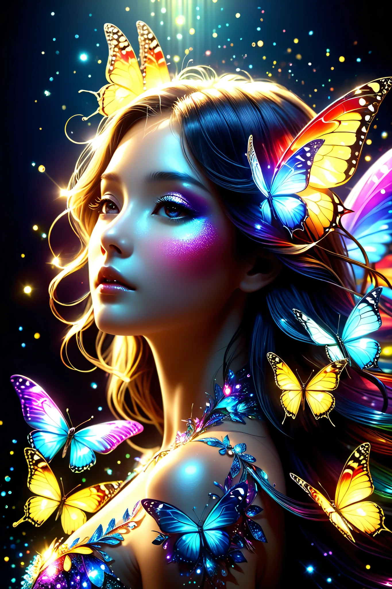 暗闇の中を羽ばたくbutterfly々shine、beautiful, like a dream 、This touches my heart..,butterfly々:rainbow:Seven colors:luminescence:shine, dark background,flash,とてもflash,Masterpiece,最高Masterpiece,best composition,A beautiful sight ,Dreamy,優しくshinebutterfly々,politely,Rendering,unreal engine,Elements of Zenthalg,difficult details,politely描く,carefully, particles of light:sparkling scales,butterflyの羽ばたきの軌跡がshine,rich colors,Colorful,Anatomically accurate,Beautiful Light and Shadow, mysterious ,fantasy,fantasy,digital art