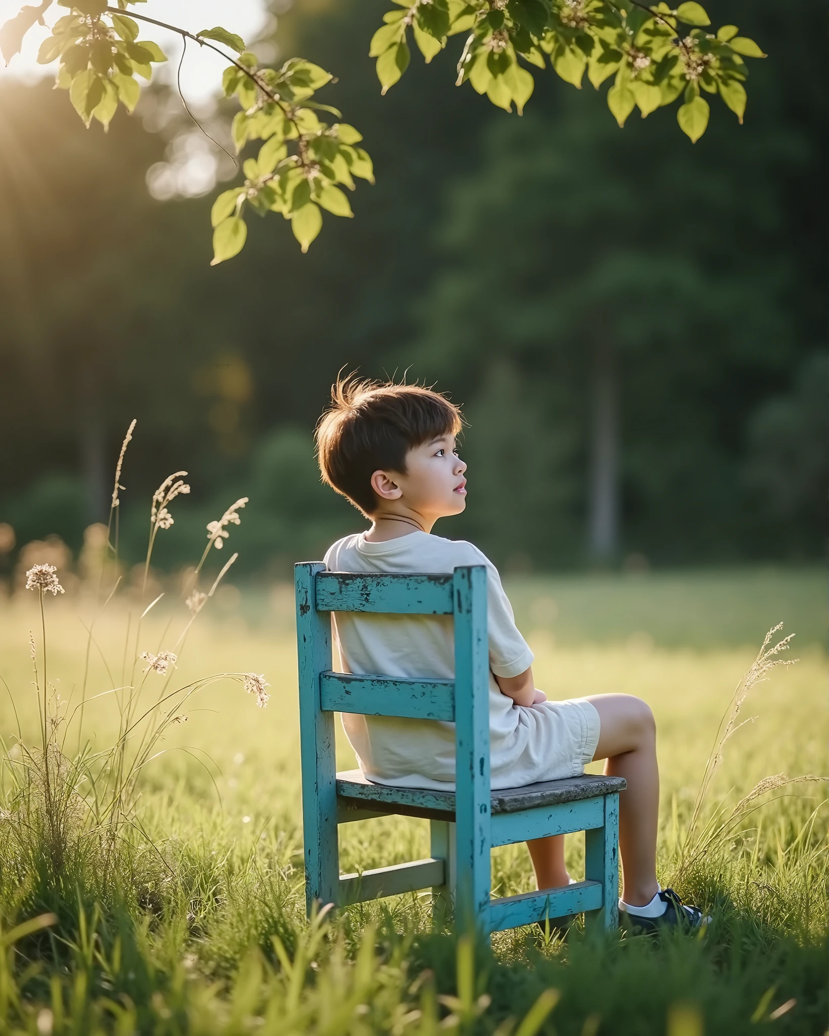 a young boy， light-brown hair，contemplative expression