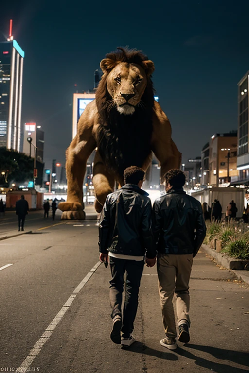 a giant figure (human posture, tiger face) towering over the city at night, facing the viewer. The posture must be detailed, so that it casts shadows under dramatic lighting that convey prosperity and wealth. in the foreground, include residents who are overjoyed and celebrating the arrival of the god of wealth. bright lights surrounded the god, gold coins scattered on the streets,