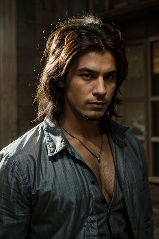 A man who has mop hair and wears a chain weapon and has a face full of wounds