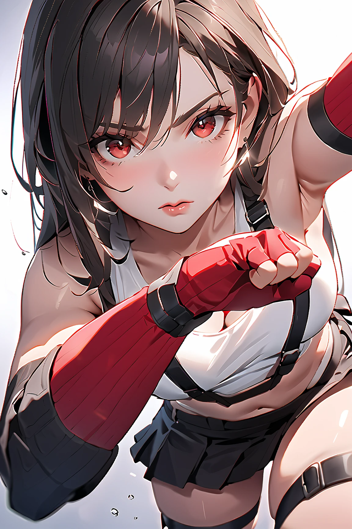Cover your stomach with your left hand ，her mouth is bleeding，Navel-baring combat uniform，Martial artist，Cover your stomach with one hand，one hand clenched into a fist
